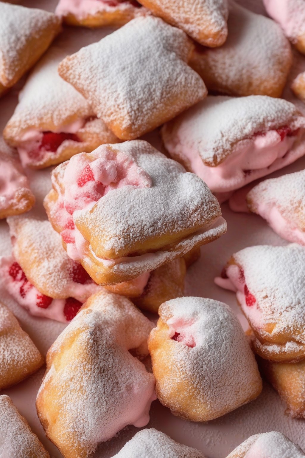 A close-up photo of strawberry cream beignets dusted in powdered sugar, one sliced to show pink filling under soft lighting.