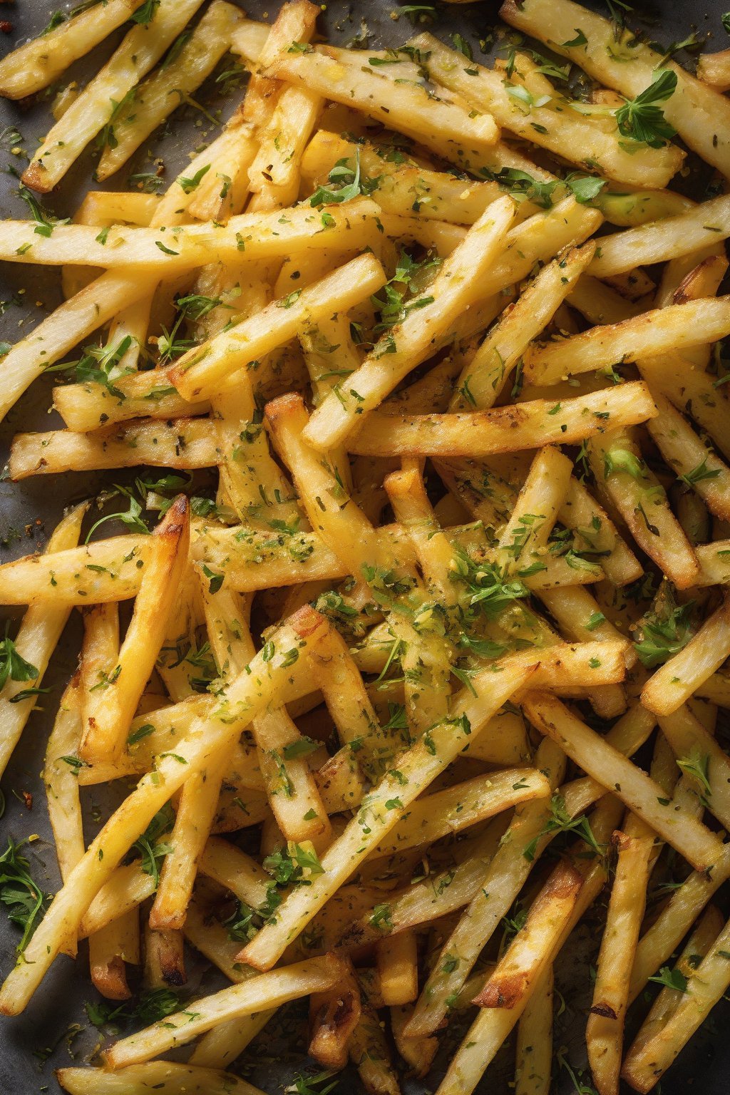A high-resolution photo of herb-flecked lemon zest French fries, bright and aromatic, under soft lighting.