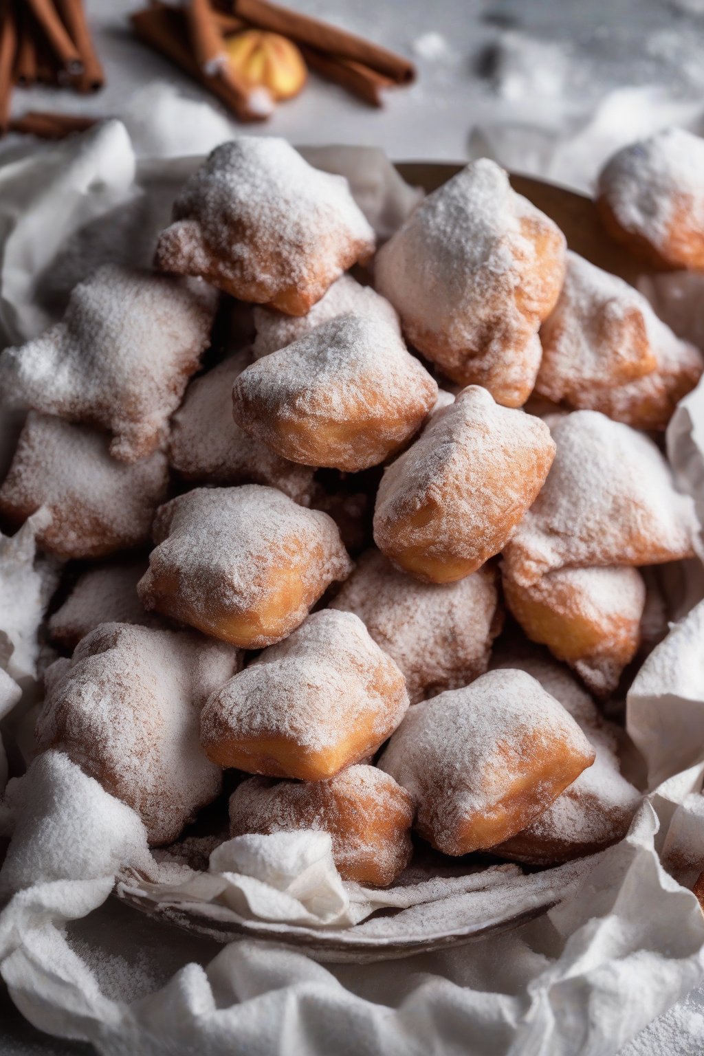 A close-up photo of cinnamon apple beignets generously coated in powdered sugar under soft lighting.