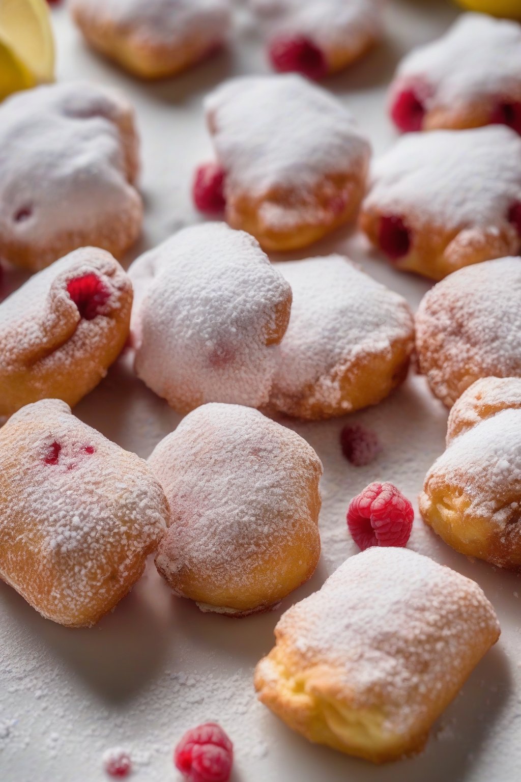 A close-up photo of lemon raspberry powdered beignets with visible fruit flecks under soft lighting.