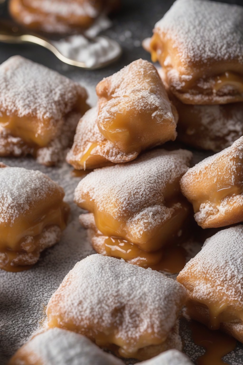 A close-up photo of banana foster beignets oozing caramel under a powdered sugar layer, soft lighting.