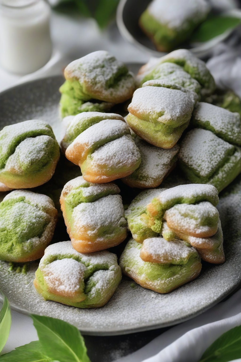 A close-up photo of vibrant green matcha beignets blanketed in white powdered sugar under soft lighting.