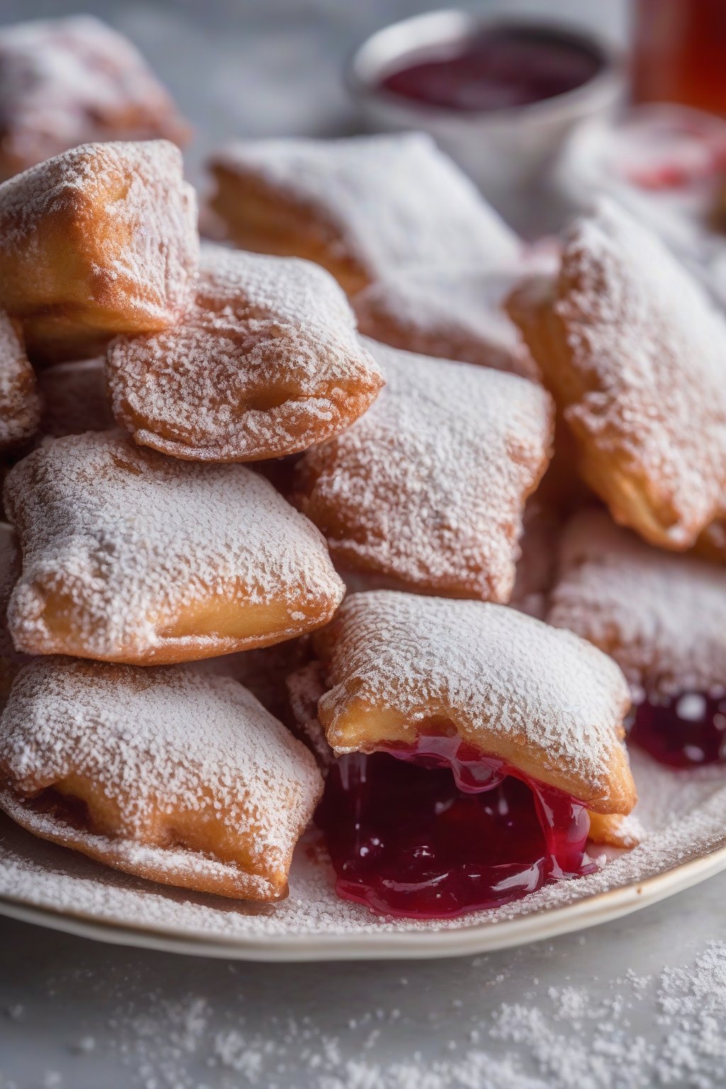A close-up photo of PB&J beignets with jelly peeking out amid powdered sugar under soft lighting.