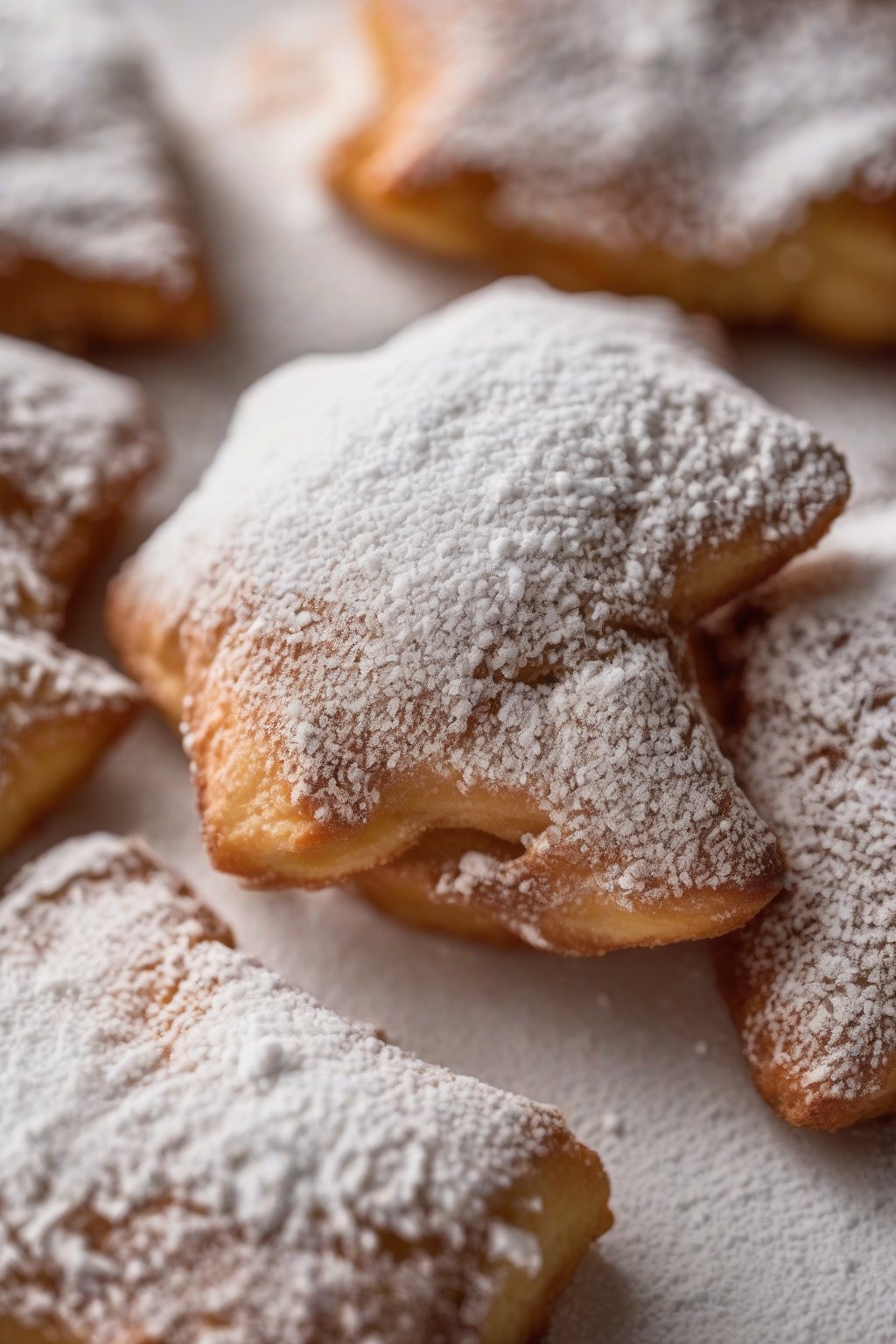 A close-up photo of coffee-hued beignets heavily dusted with powdered sugar under soft lighting.