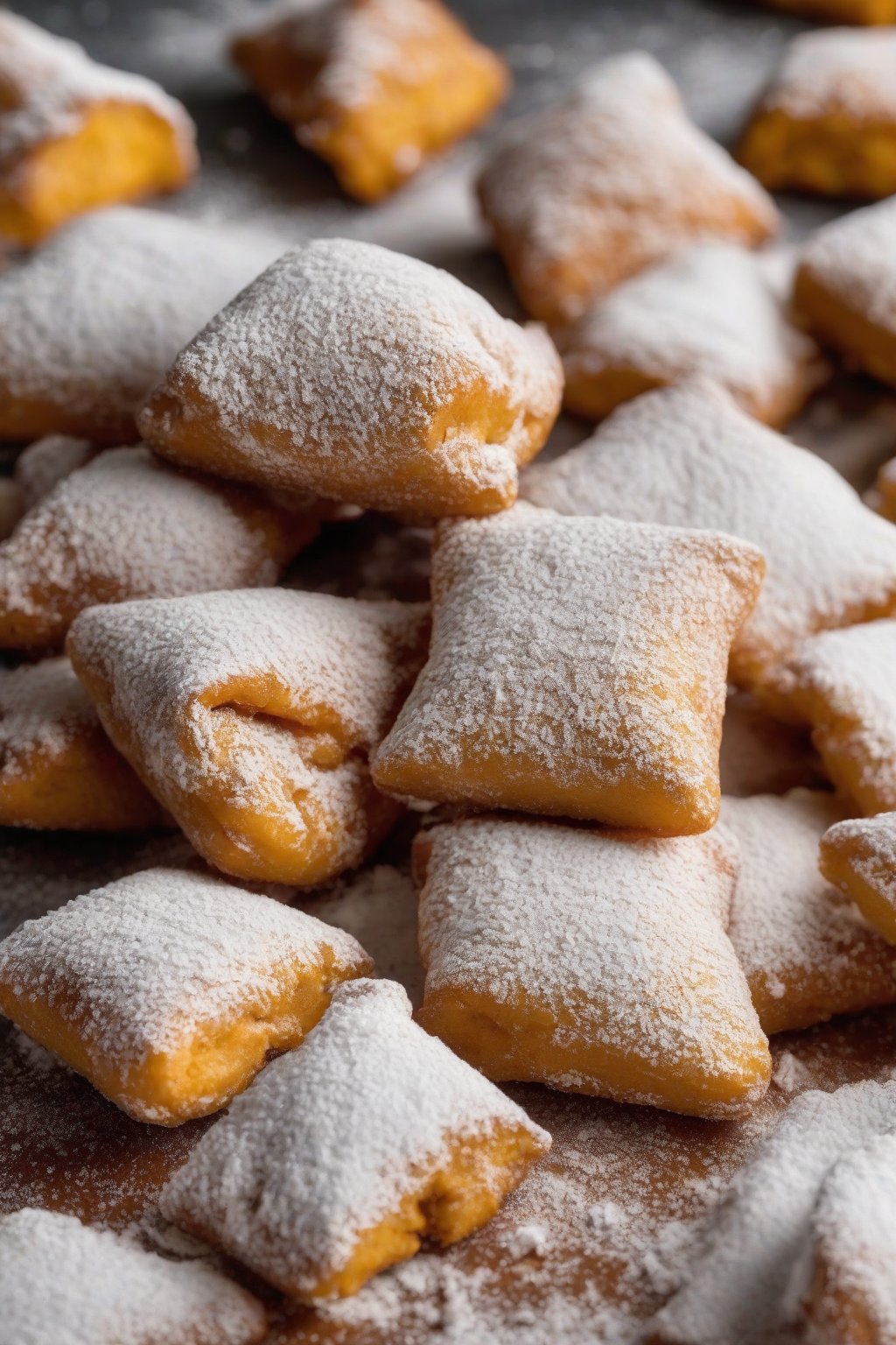 A close-up photo of pumpkin spice beignets coated in powdered sugar under soft lighting.