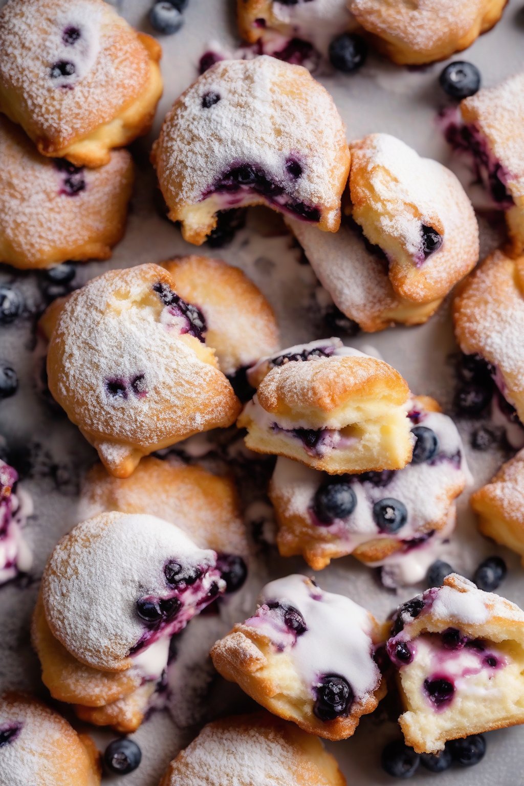 A close-up photo of blueberry cheesecake beignets sliced open, powdered sugar topping under soft lighting.