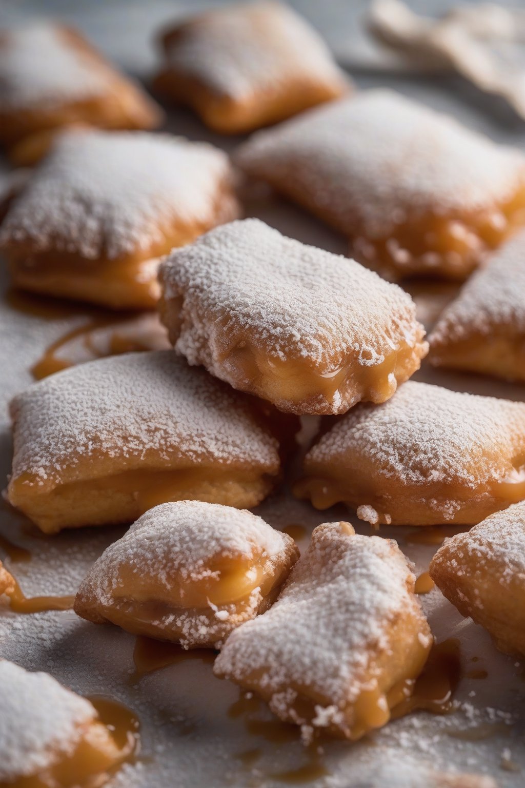 A close-up photo of salted caramel beignets dripping sauce beneath powdered sugar under soft lighting.