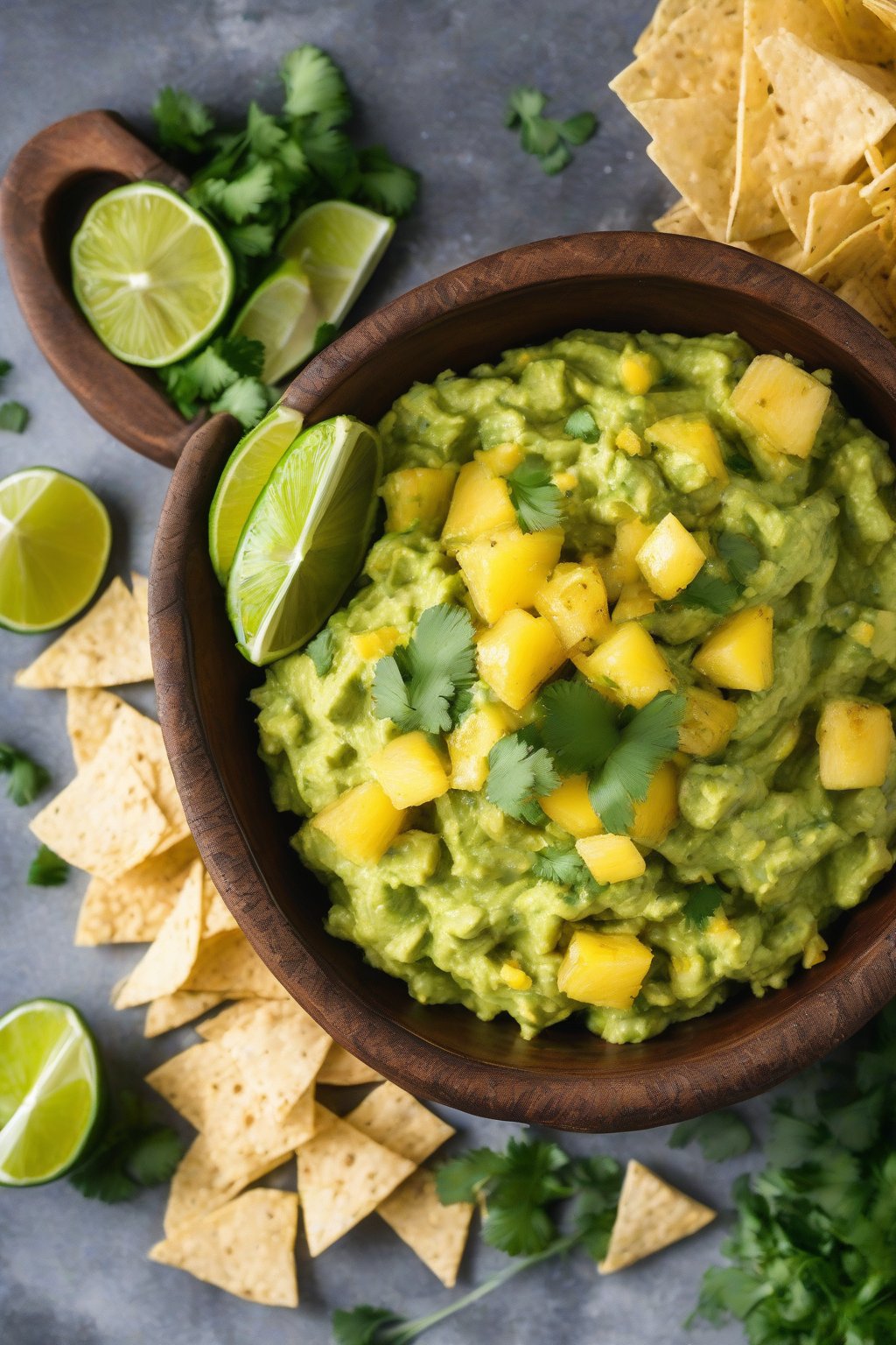 A high-resolution photo of tropical pineapple guacamole in a rustic bowl, garnished with pineapple chunks and cilantro, served with tortilla chips under soft lighting.
