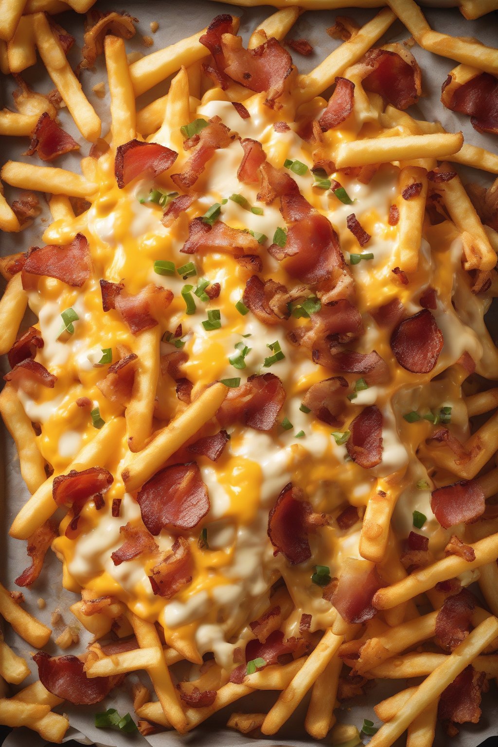 A high-resolution photo of loaded cheese and bacon French fries, gooey melt and crispy bits, under soft lighting.