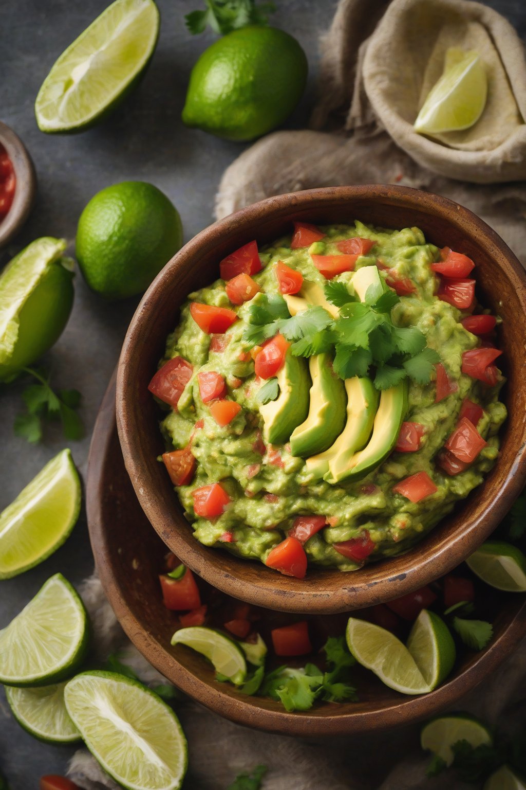 A high-resolution photo of smoky chipotle guacamole topped with diced tomatoes, in a stoneware bowl next to lime wedges under soft lighting.