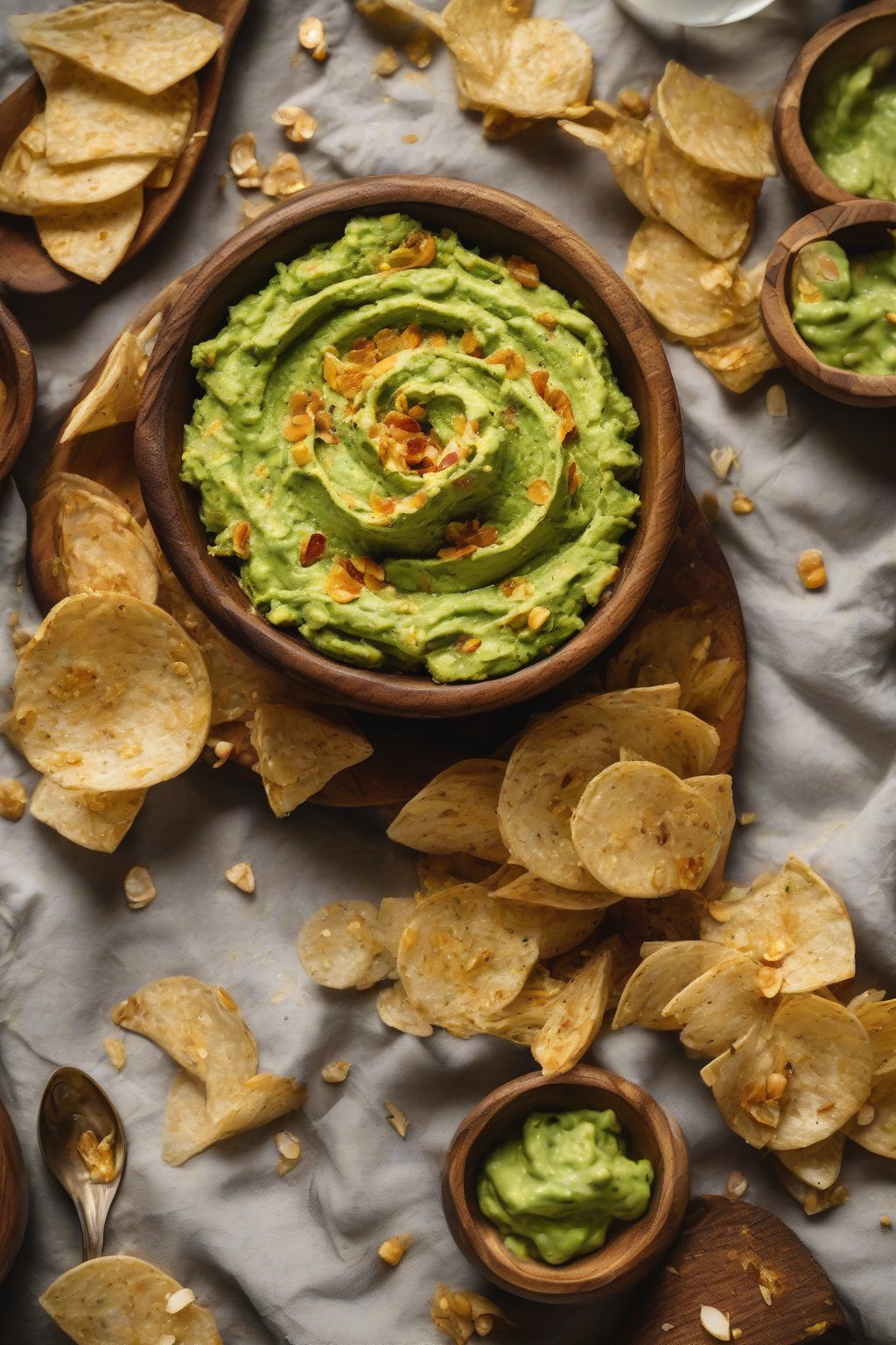 A high-resolution photo of roasted garlic guacamole swirled with golden garlic flecks, served in a wooden bowl with veggie dippers under soft lighting.