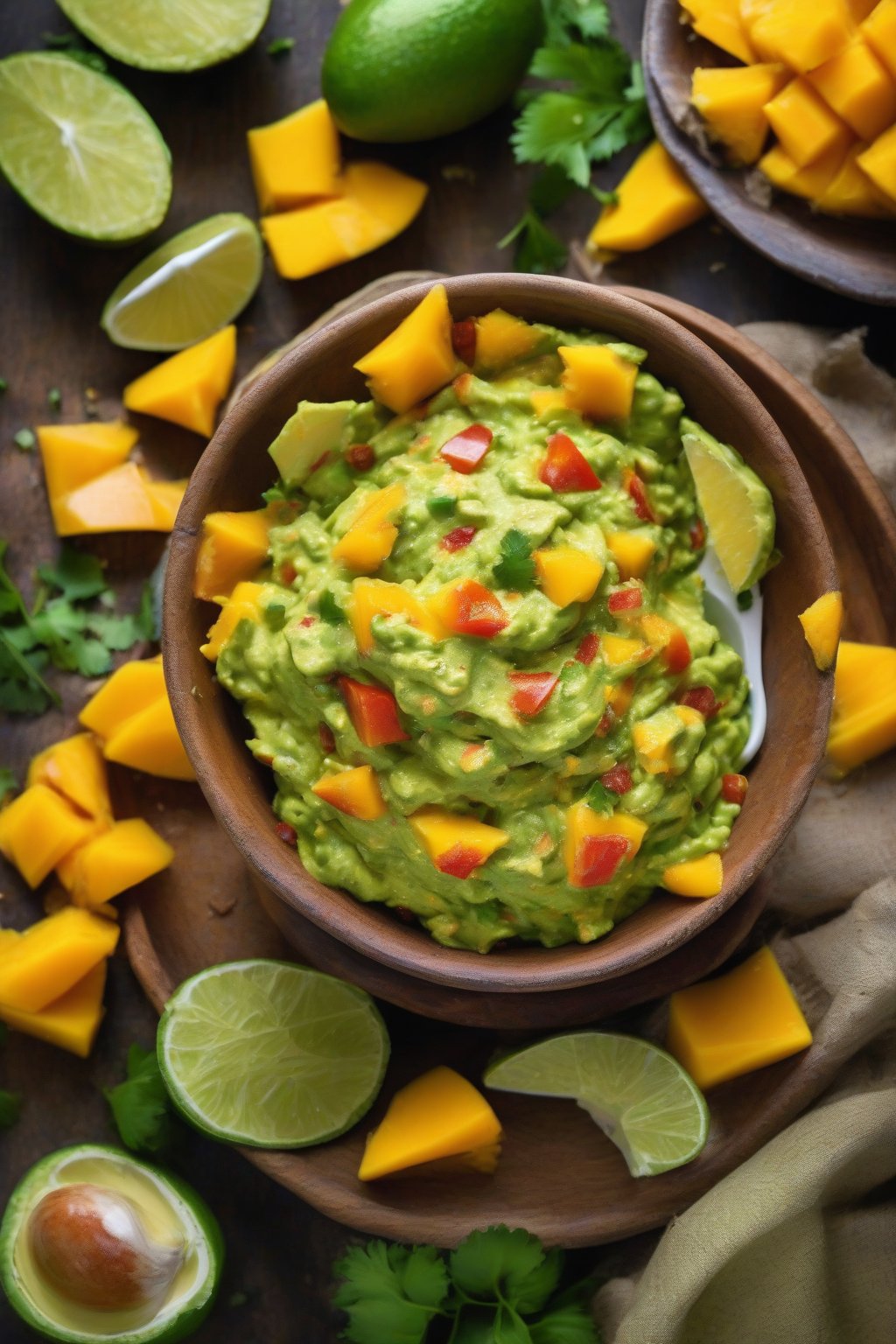 A high-resolution photo of mango habanero guacamole bursting with orange mango chunks and green flecks, in a vibrant bowl under soft lighting.