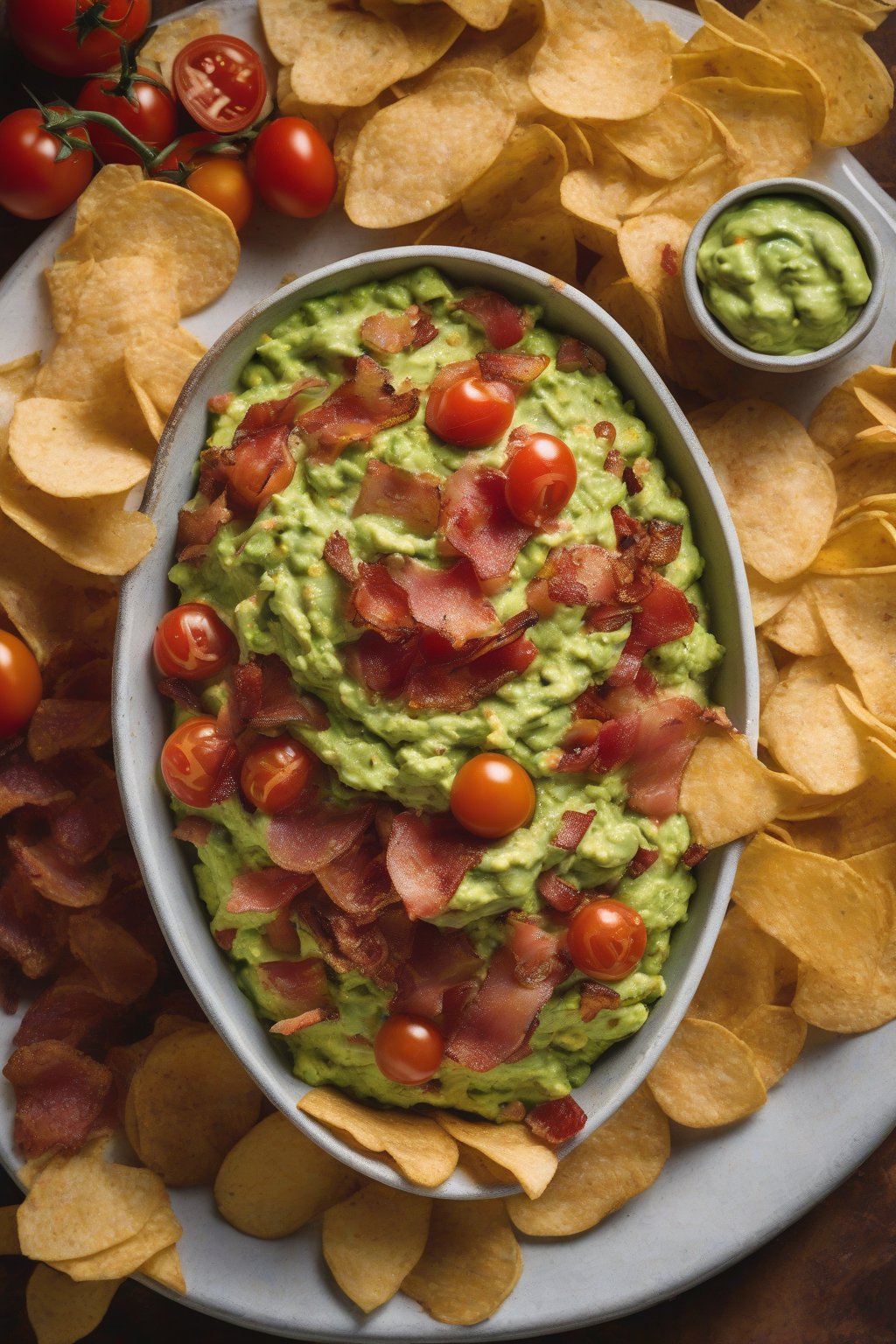 A high-resolution photo of bacon and heirloom tomato guacamole piled high with crimson tomatoes and bacon crumbles, alongside chips under soft lighting.