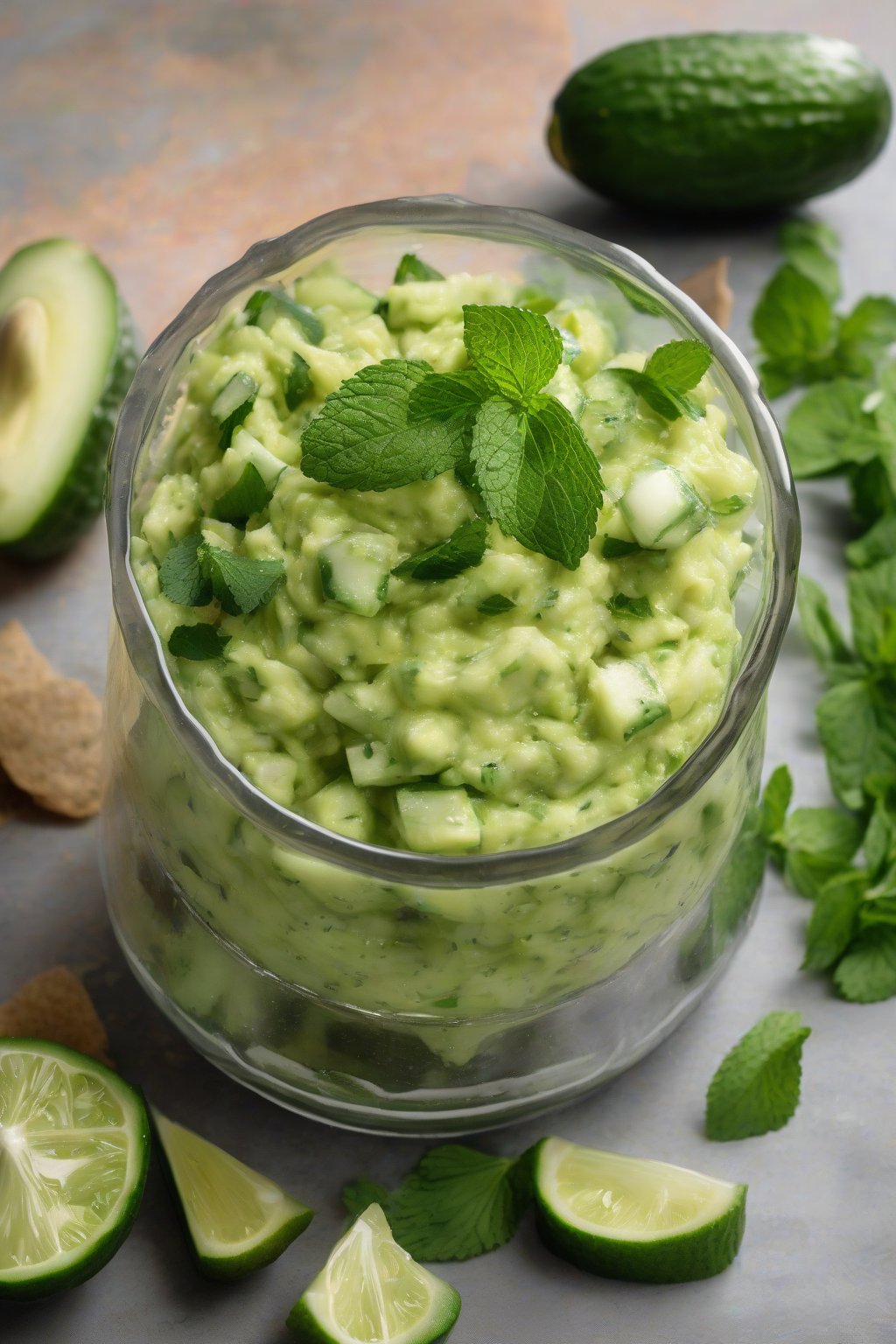 A high-resolution photo of cucumber mint guacamole with visible cucumber pieces and mint leaves, in a chilled glass bowl under soft lighting.
