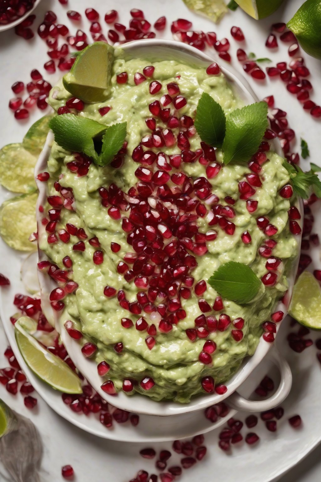 A high-resolution photo of pomegranate guacamole sparkling with red arils on top, served in a white ceramic dish under soft lighting.