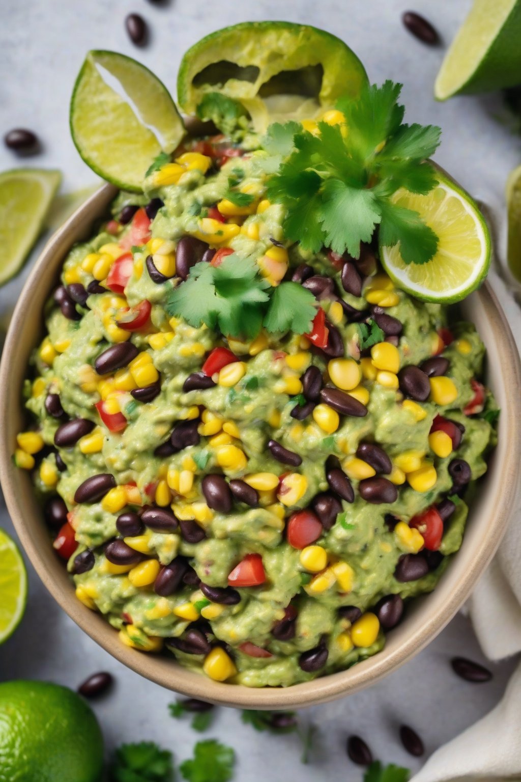 A high-resolution photo of corn and black bean guacamole with golden kernels and beans, in a colorful bowl with lime garnish under soft lighting.