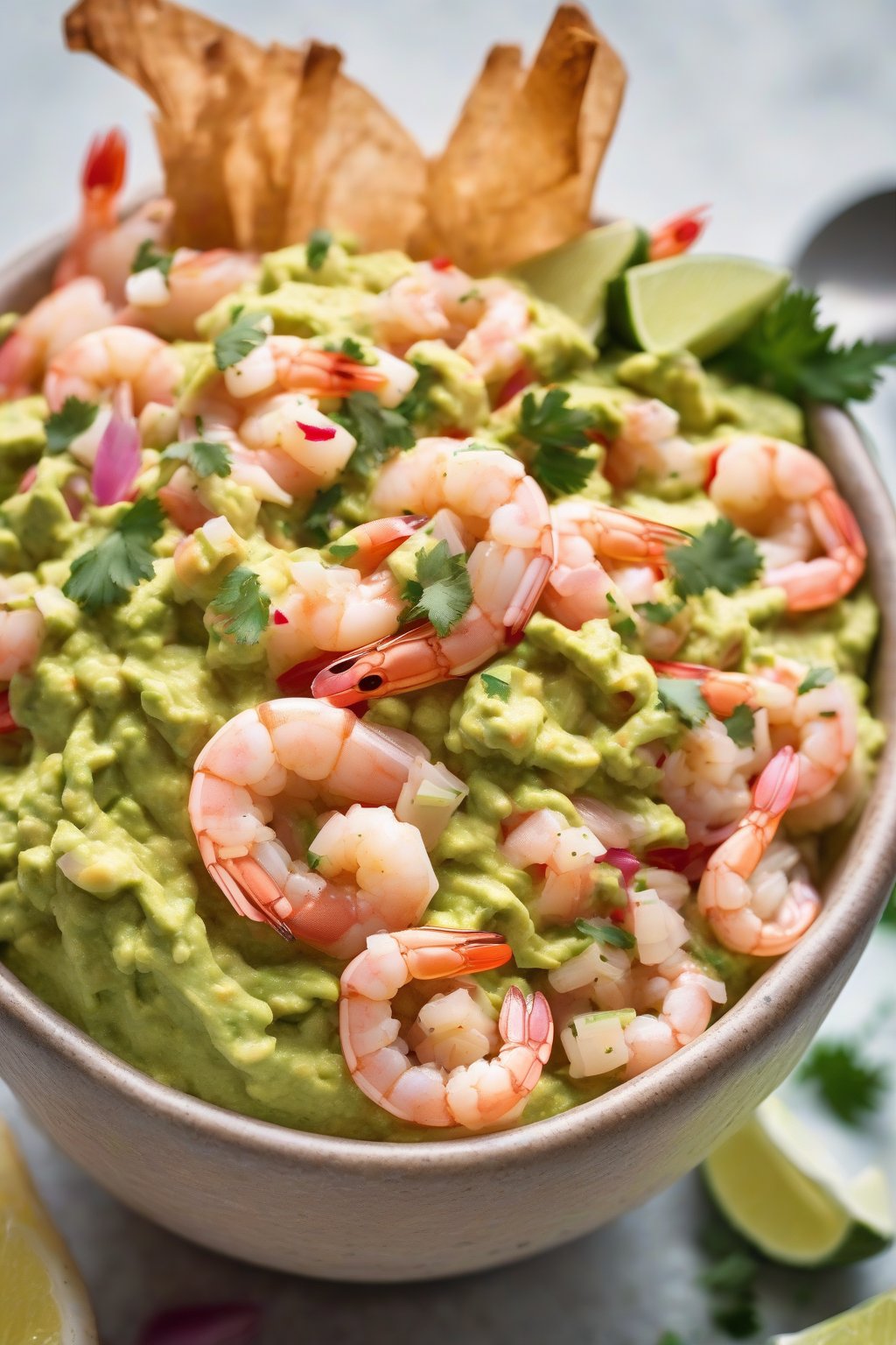 A high-resolution photo of shrimp ceviche guacamole topped with pink shrimp pieces, in a seashell bowl under soft lighting.