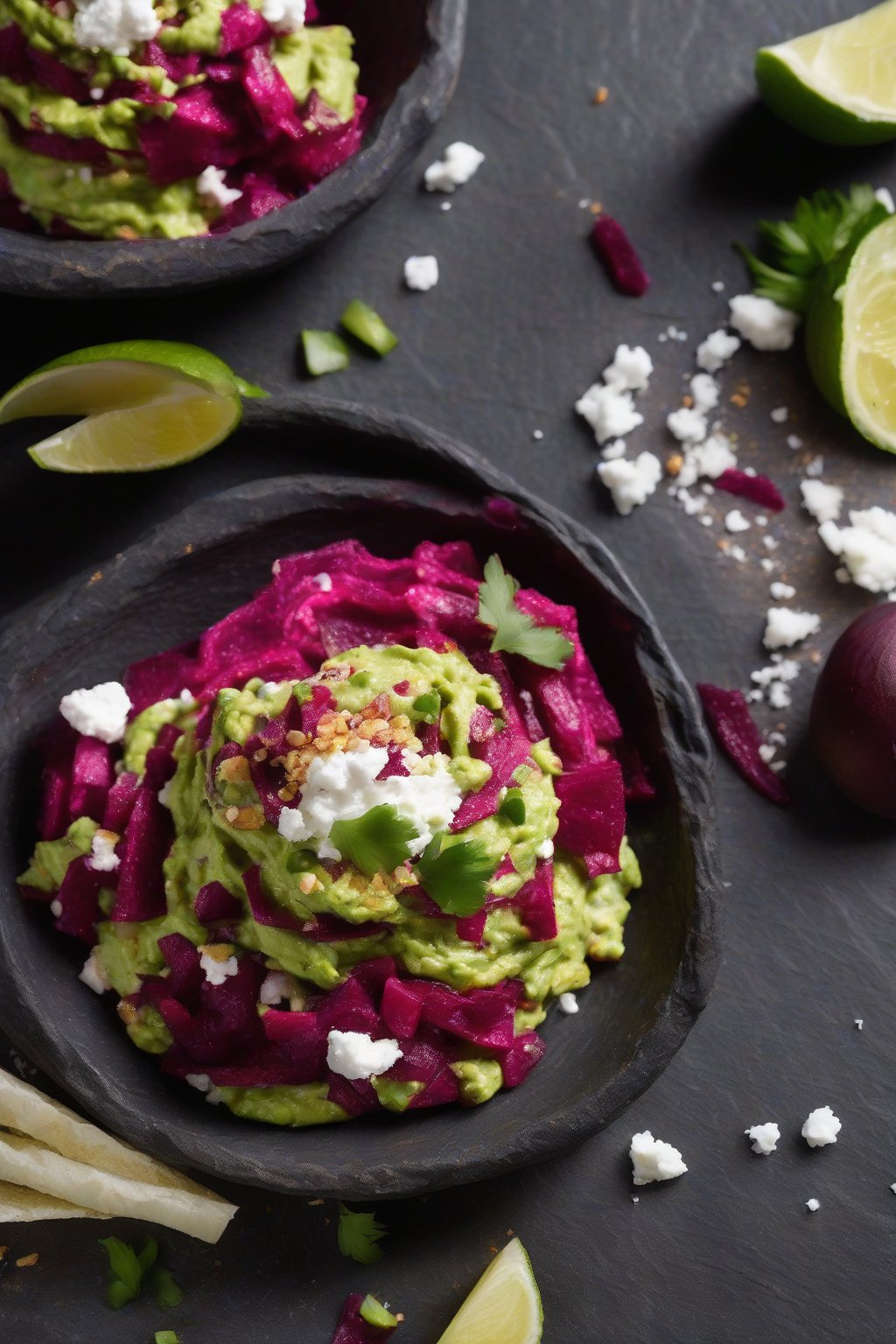 A high-resolution photo of beet and goat cheese guacamole with magenta swirls and white crumbles, on a slate board under soft lighting.