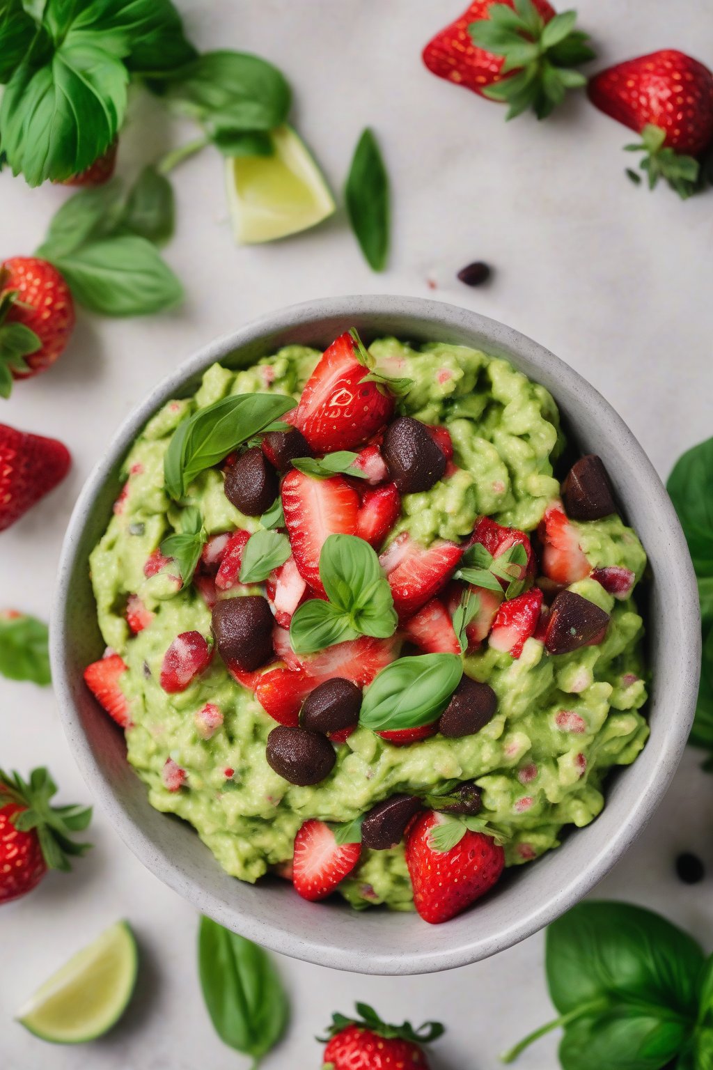 A high-resolution photo of strawberry basil guacamole with red berry chunks and green basil, in a summery bowl under soft lighting.