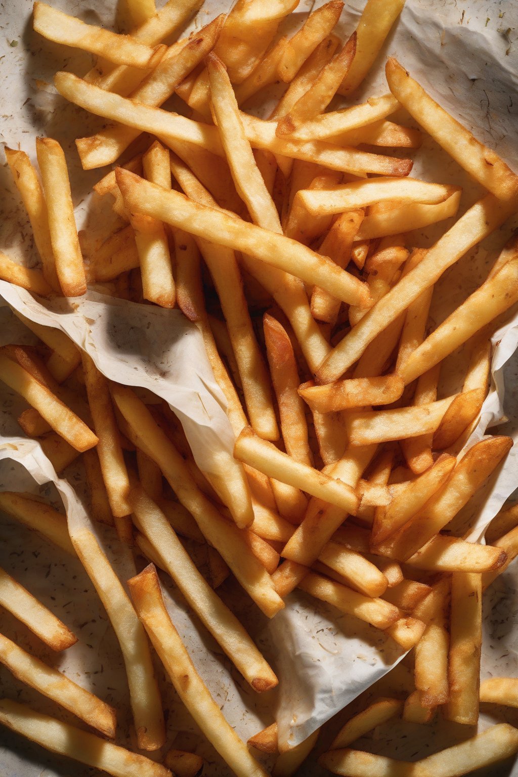 A high-resolution photo of vinegar-soaked French fries, ultra-crisp edges magnified, in a newspaper cone, under soft lighting.