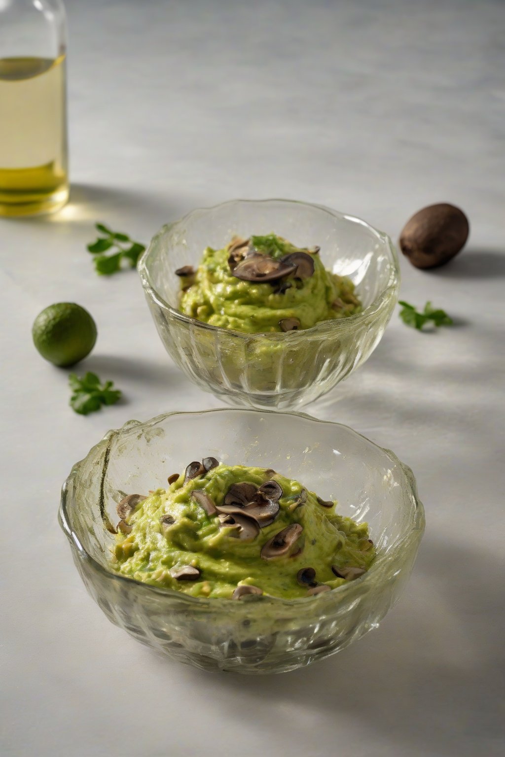 A high-resolution photo of truffle oil guacamole drizzled with oil and mushroom flecks, in an elegant glass dish under soft lighting.
