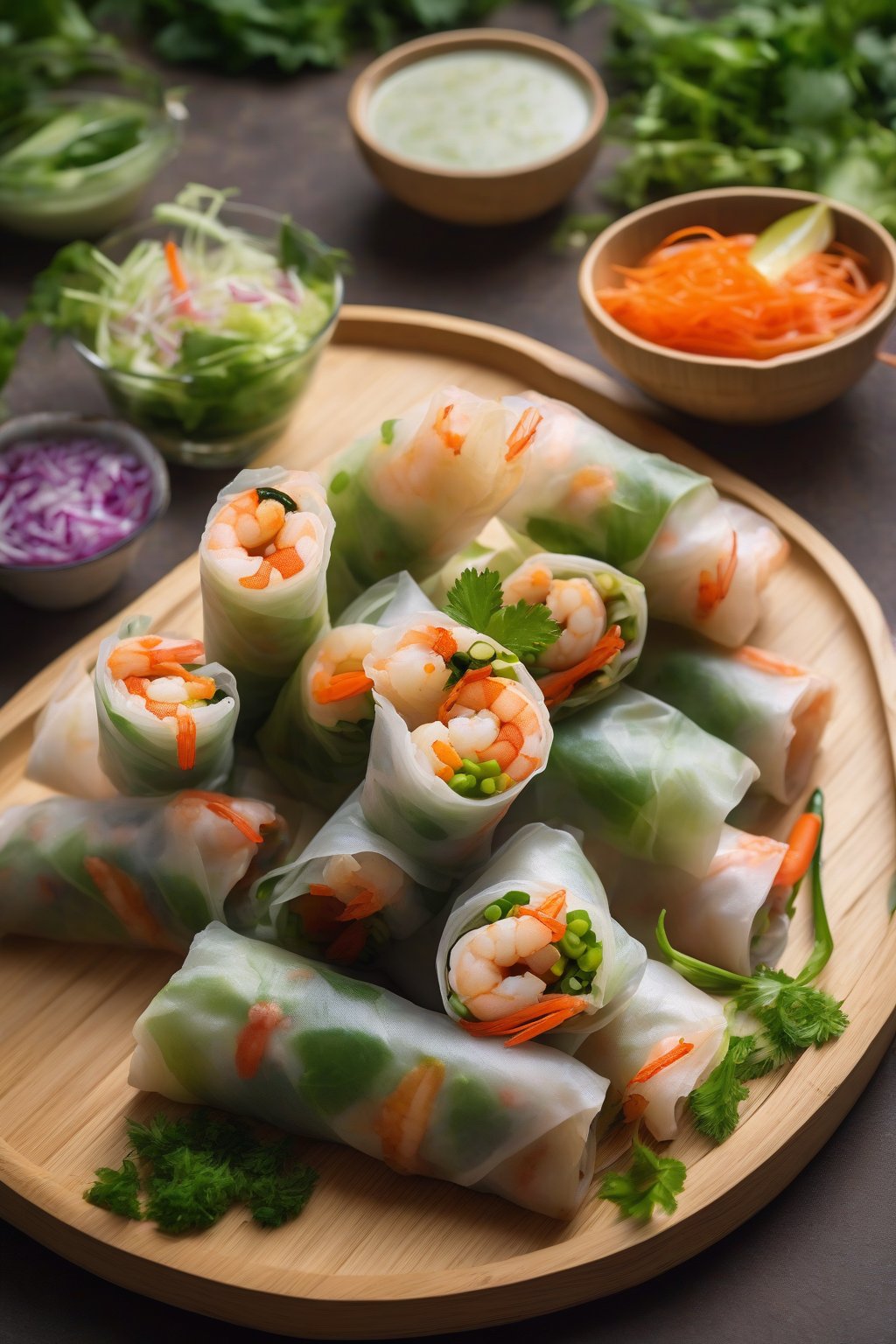 A high-resolution photo of classic shrimp and veggie spring rolls arranged on a bamboo platter, garnished with fresh herbs, under soft lighting.