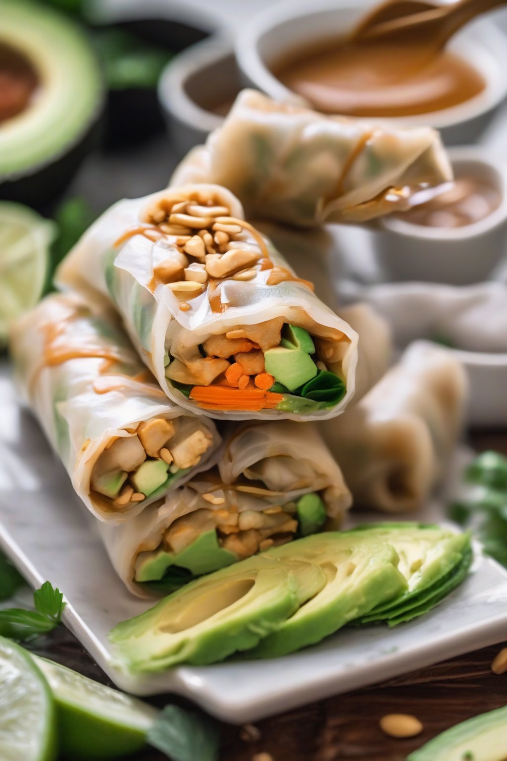 A close-up photo of vegan tofu and avocado spring rolls sliced in half to show the filling, drizzled with peanut sauce, under soft lighting.