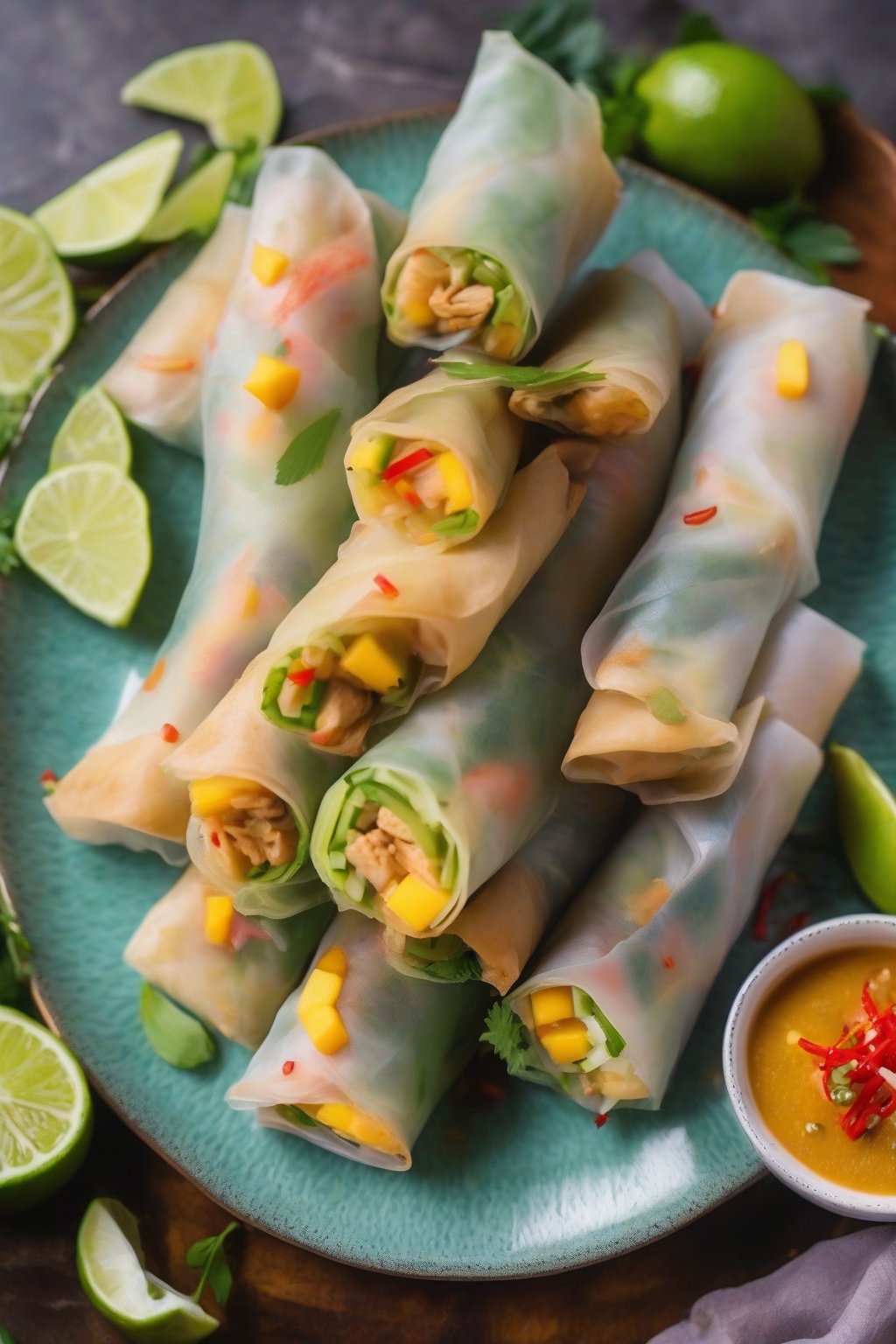 A high-resolution photo of mango chicken spring rolls fanned out on a vibrant plate with lime wedges, under soft lighting.
