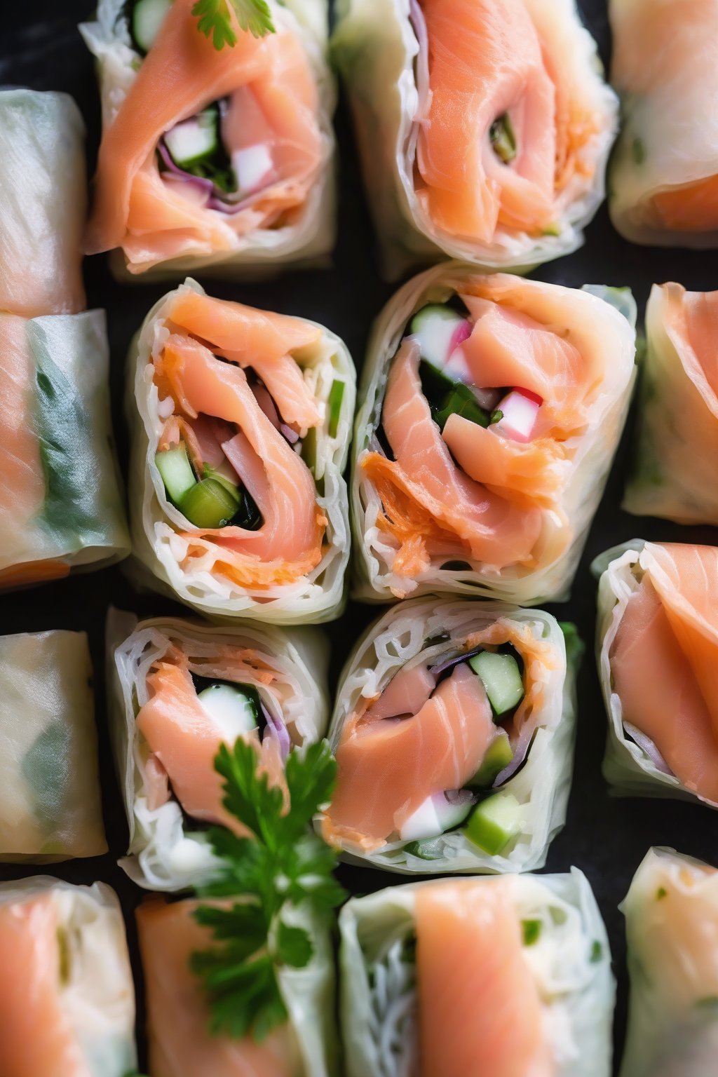 A close-up photo of smoked salmon and cream cheese spring rolls, one cut open revealing pink salmon layers, under soft lighting.