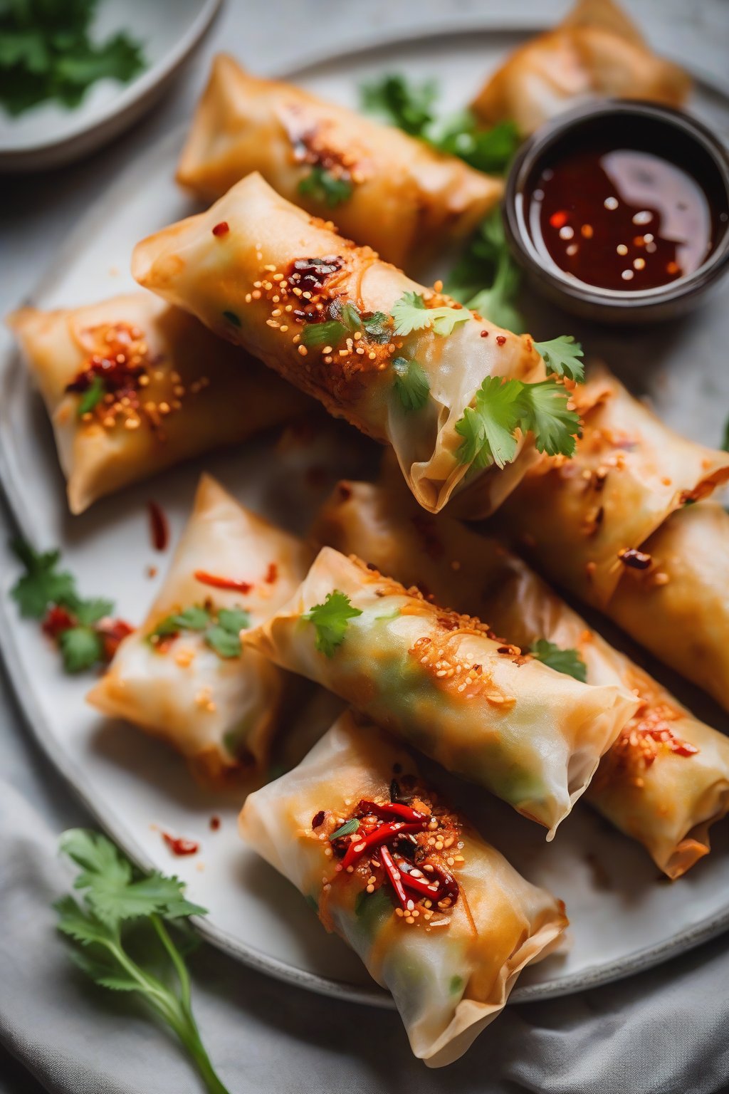 A high-resolution photo of spicy sriracha tofu spring rolls with chili flecks visible, served with dipping sauce, under soft lighting.