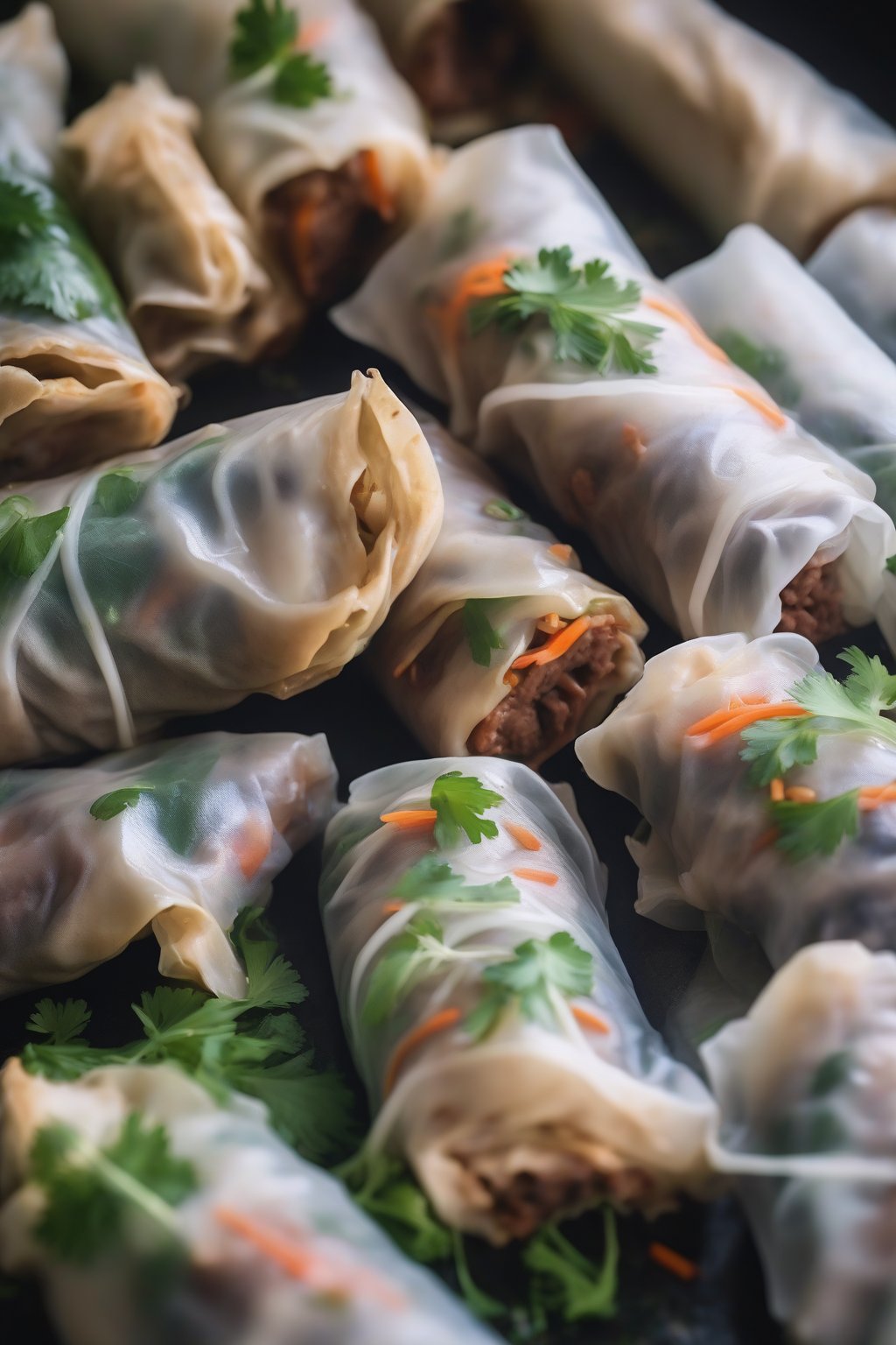 A close-up photo of lemongrass beef spring rolls steaming slightly, herbs bursting out, under soft lighting.