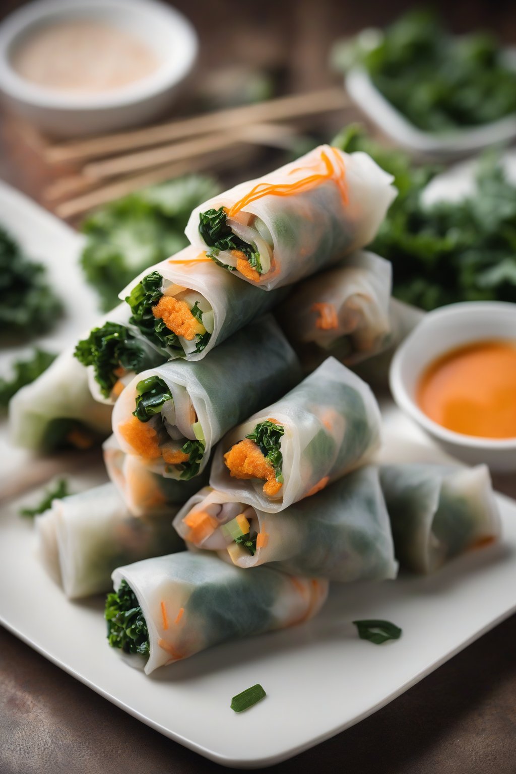 A high-resolution photo of sweet potato and kale spring rolls stacked pyramid-style, under soft lighting.