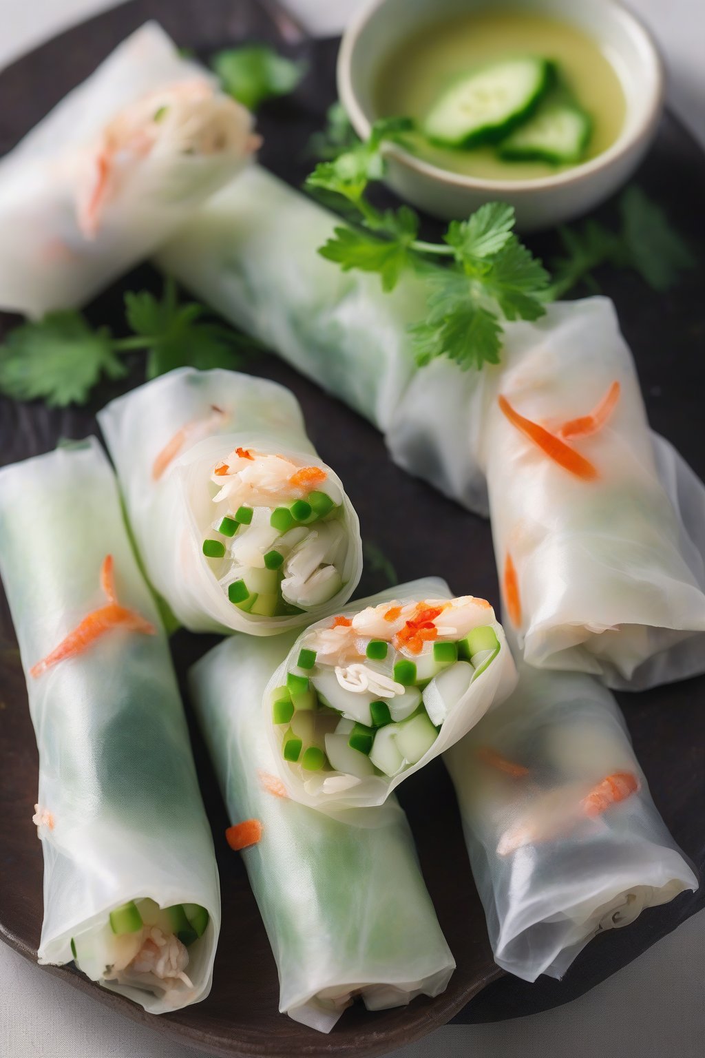 A close-up photo of crab and cucumber spring rolls, translucent wrappers showing white crab, under soft lighting.