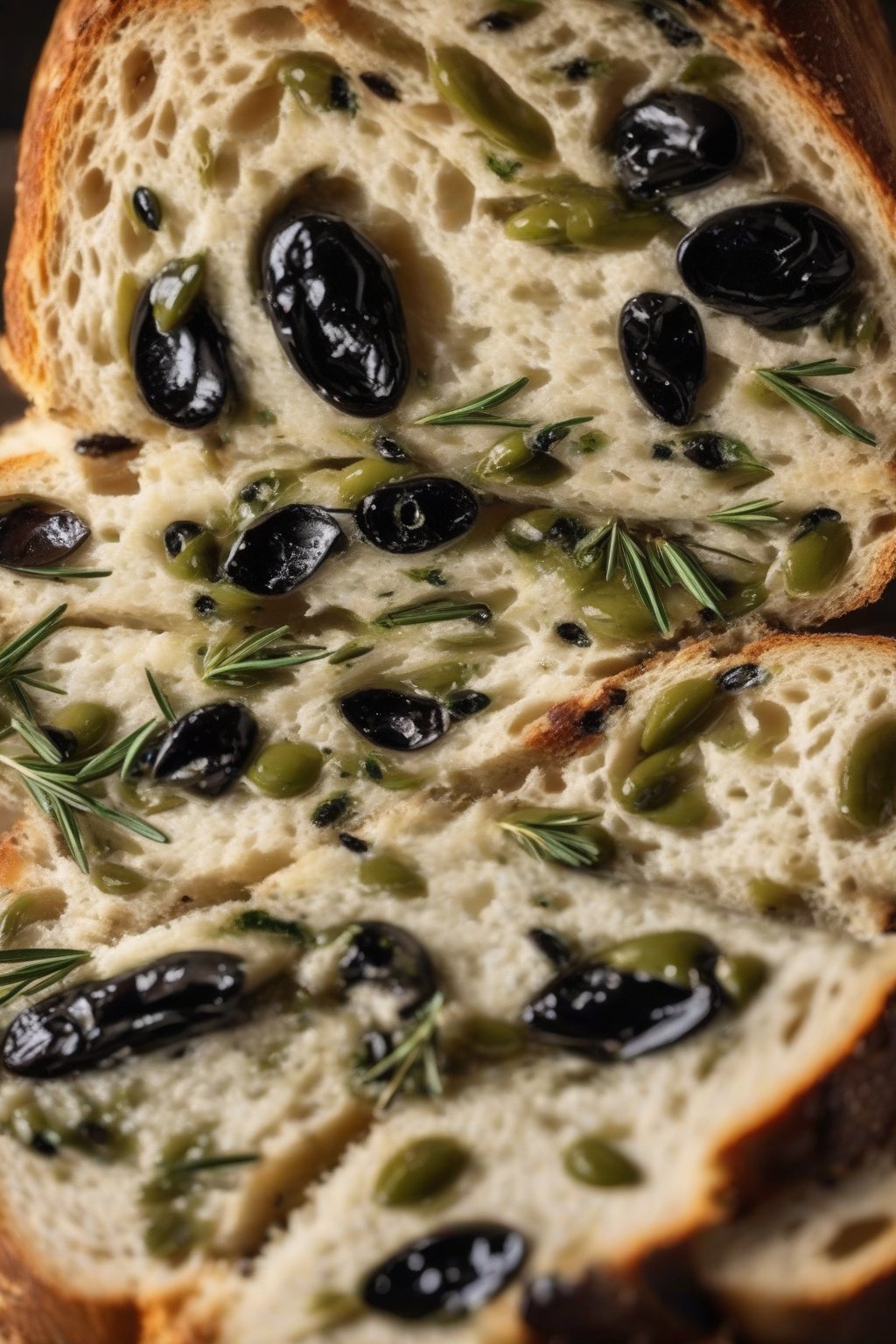A high-resolution photo of sliced olive and rosemary sourdough revealing black olives and green flecks, glossy crust, under soft lighting.