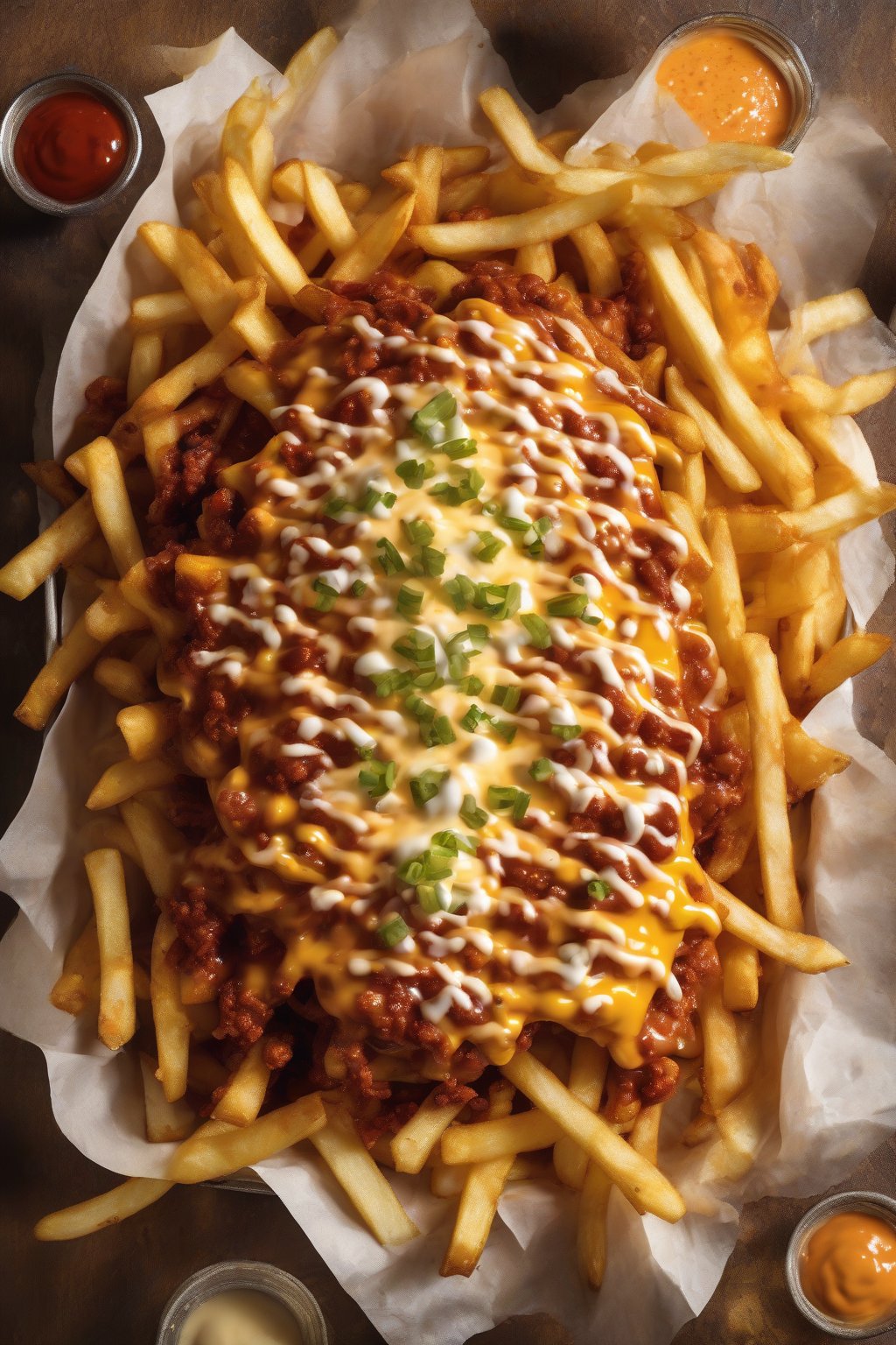 A high-resolution photo of chili cheese French fries oozing sauce, spicy toppings vibrant, under soft lighting.
