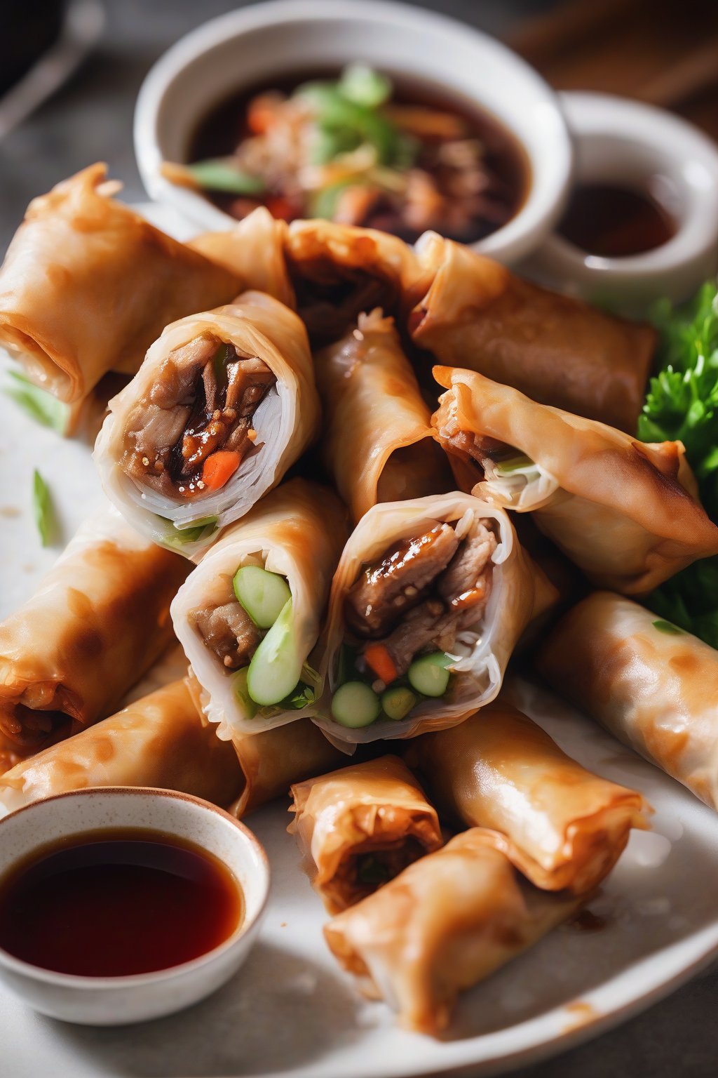 A close-up photo of duck and plum spring rolls with glossy hoisin, under soft lighting.