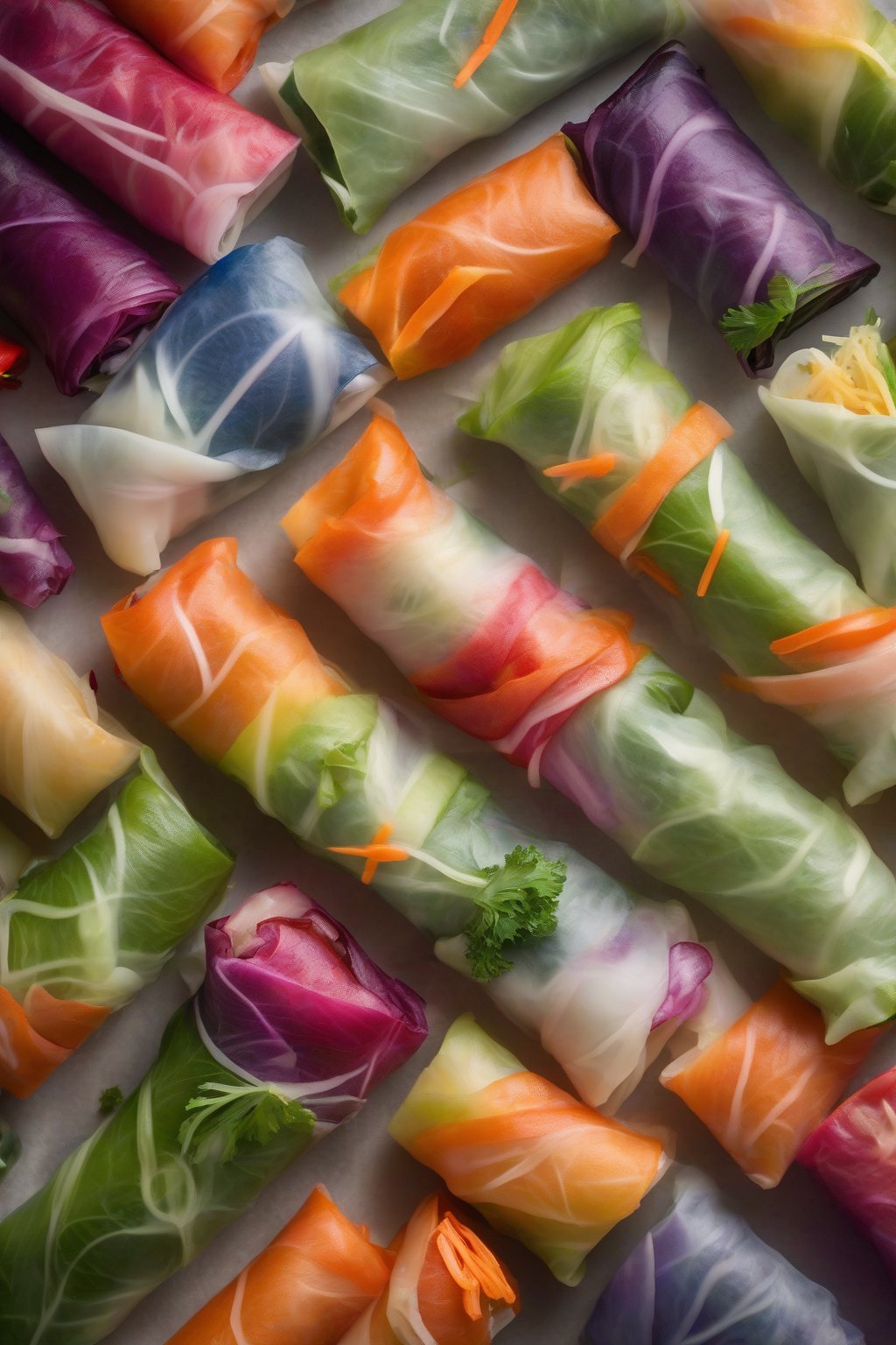 A high-resolution photo of rainbow veggie spring rolls artfully arranged by color spectrum, under soft lighting.