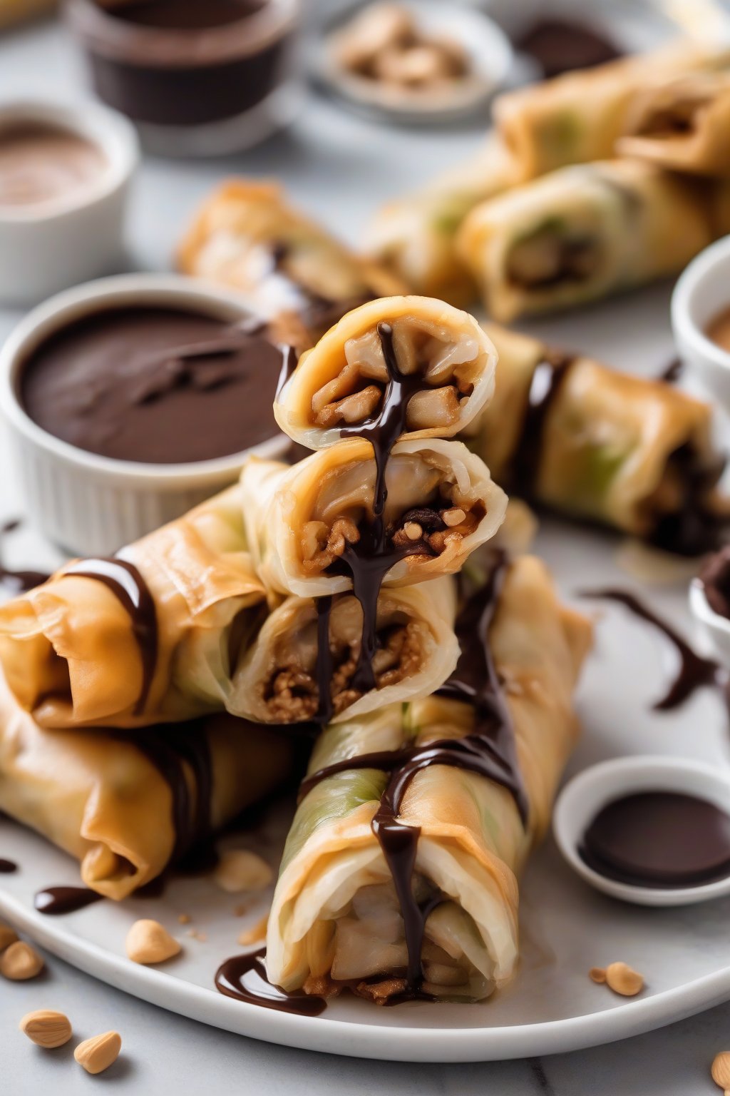 A close-up photo of peanut butter banana spring rolls drizzled with chocolate, halved to show gooey center, under soft lighting.