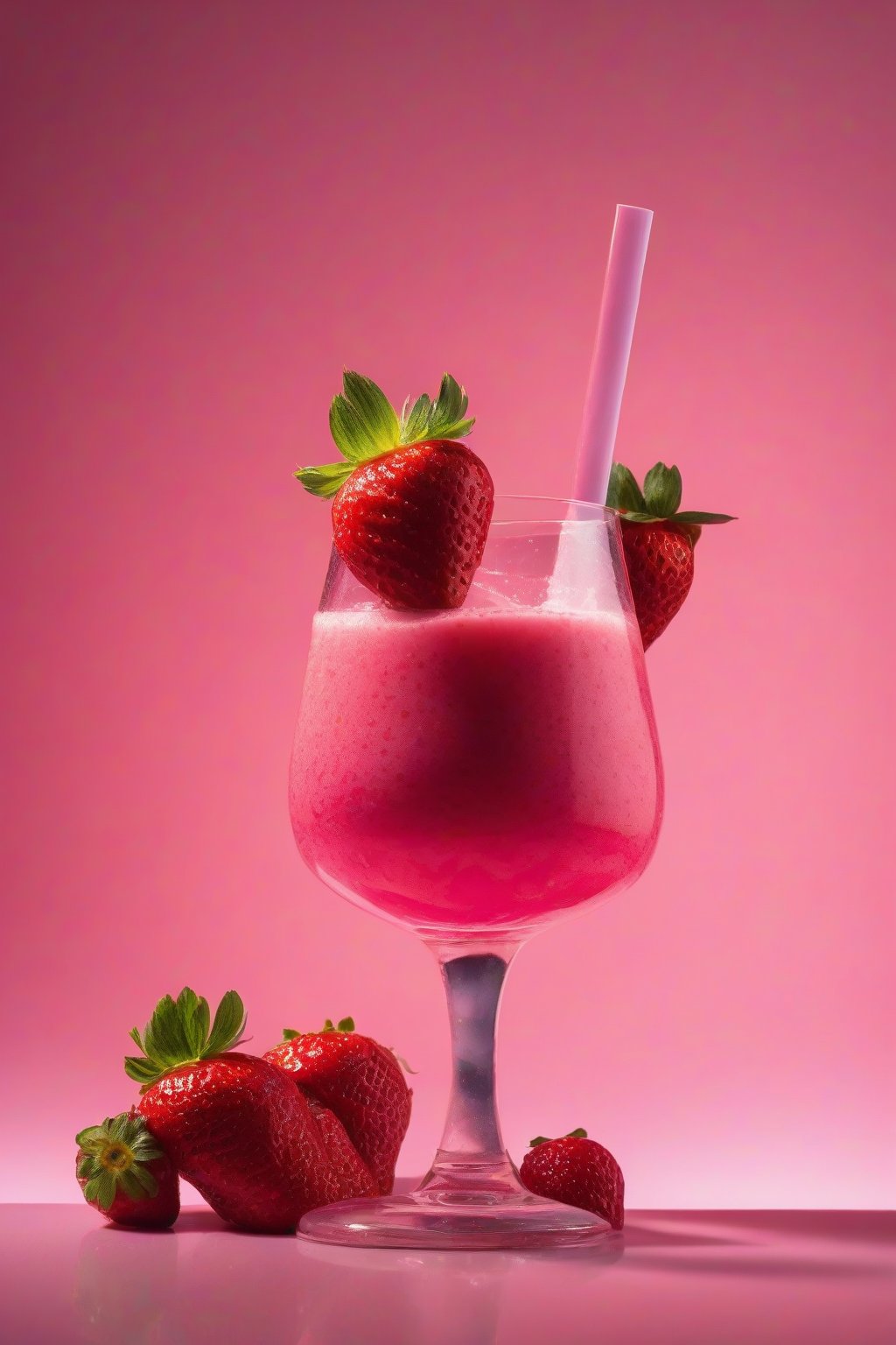 A high-resolution photo of the classic strawberry acai pink drink in a clear glass, topped with fresh strawberries, under soft lighting.