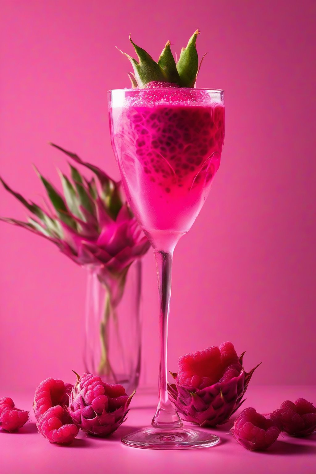 A high-resolution photo of raspberry dragonfruit pink drink garnished with dragonfruit slices, in a tall glass, under soft lighting.