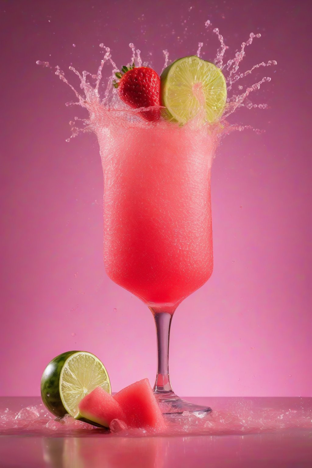 A high-resolution photo of watermelon strawberry pink splash fizzing in a glass with lime wedge, under soft lighting.