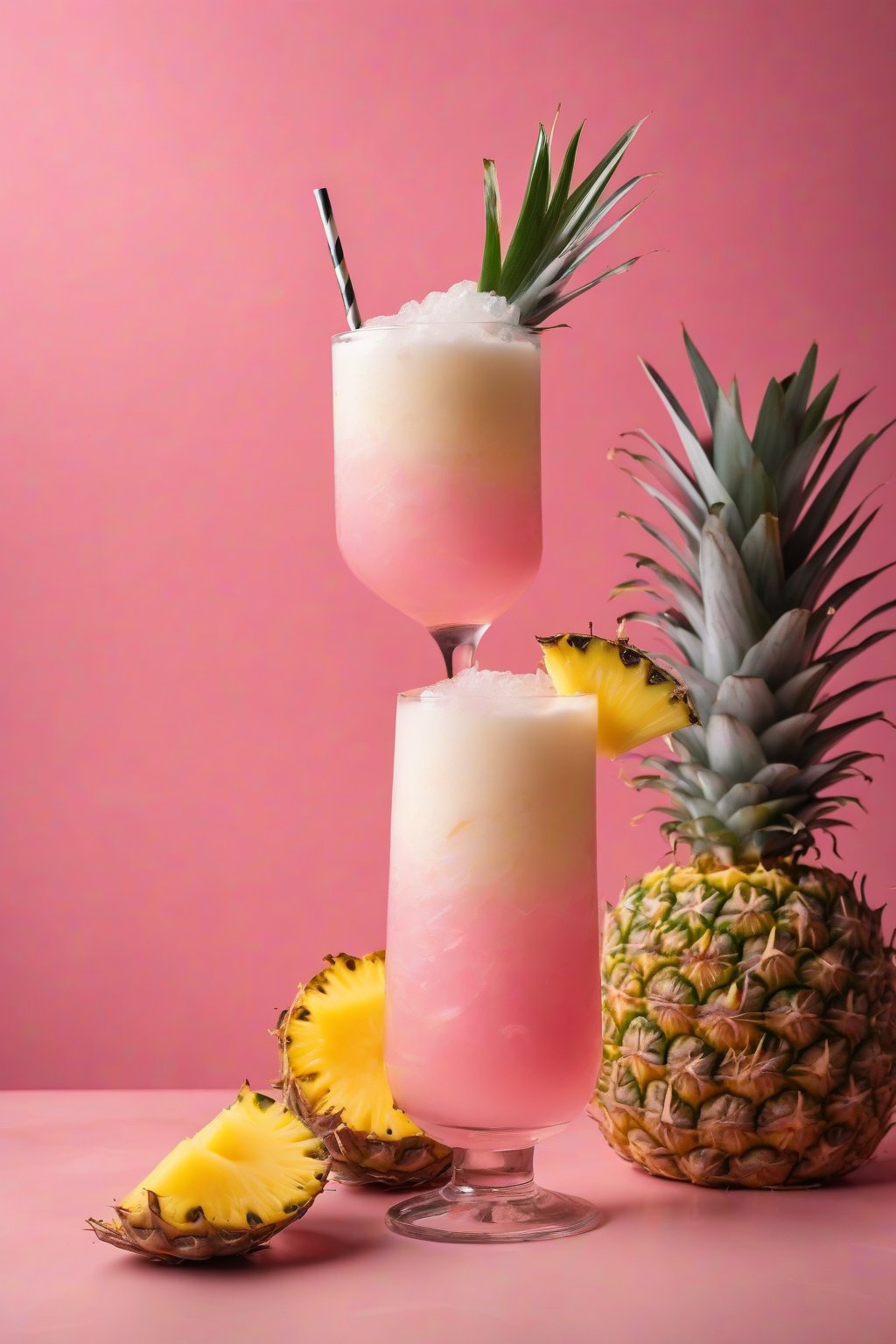 A high-resolution photo of pineapple coconut pink paradise with pineapple garnish, in a tropical glass, under soft lighting.