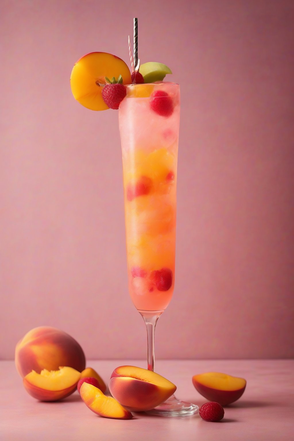 A high-resolution photo of peach mango pink fizz bubbling with fruit skewers, under soft lighting.