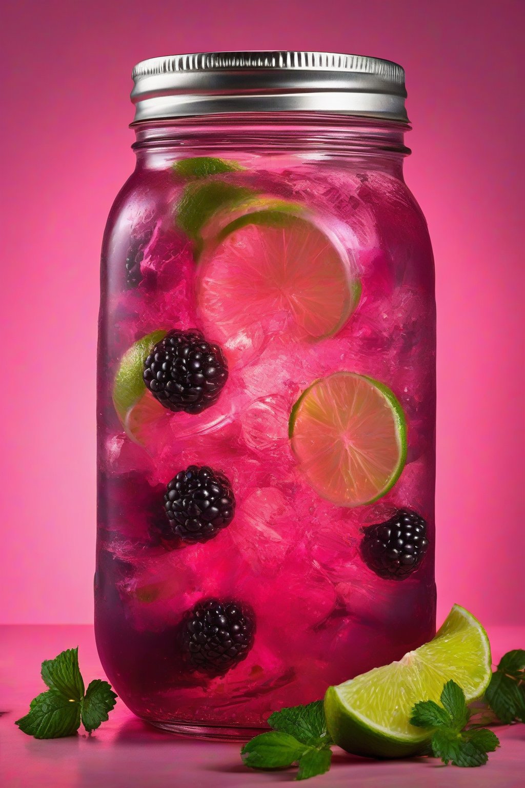 A high-resolution photo of blackberry lime pink burst with lime slices, in a mason jar, under soft lighting.