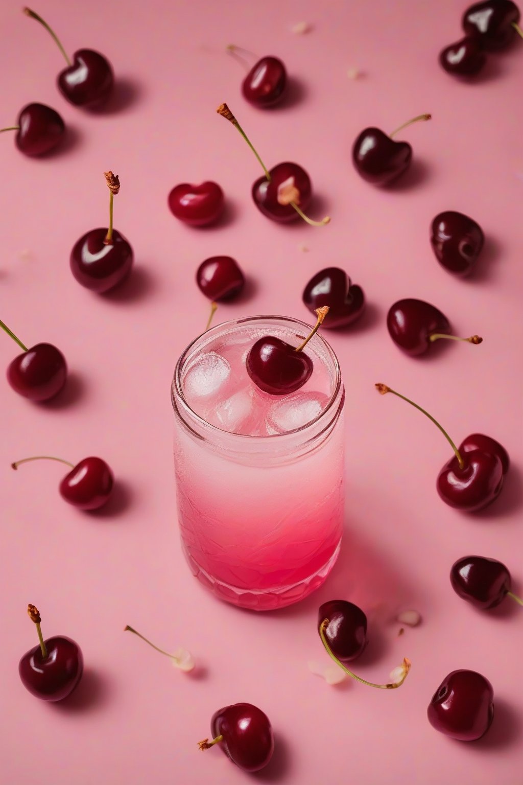 A high-resolution photo of cherry almond pink elixir topped with cherries, under soft lighting.