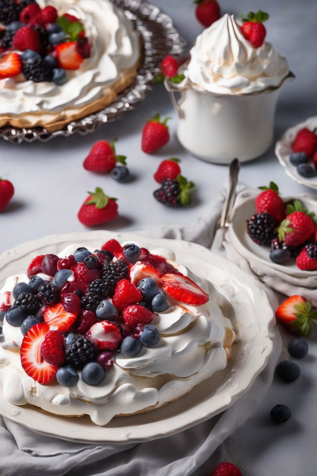 A high-resolution photo of a classic berry pavlova with crisp meringue cracks, topped with glossy whipped cream and vibrant mixed berries, under soft lighting.