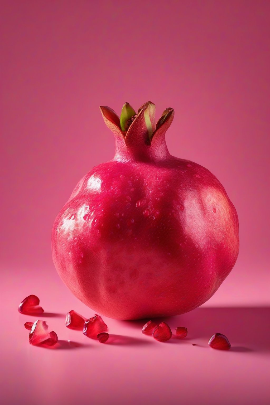 A high-resolution photo of pomegranate strawberry pink glow with seeds scattered on top, under soft lighting.