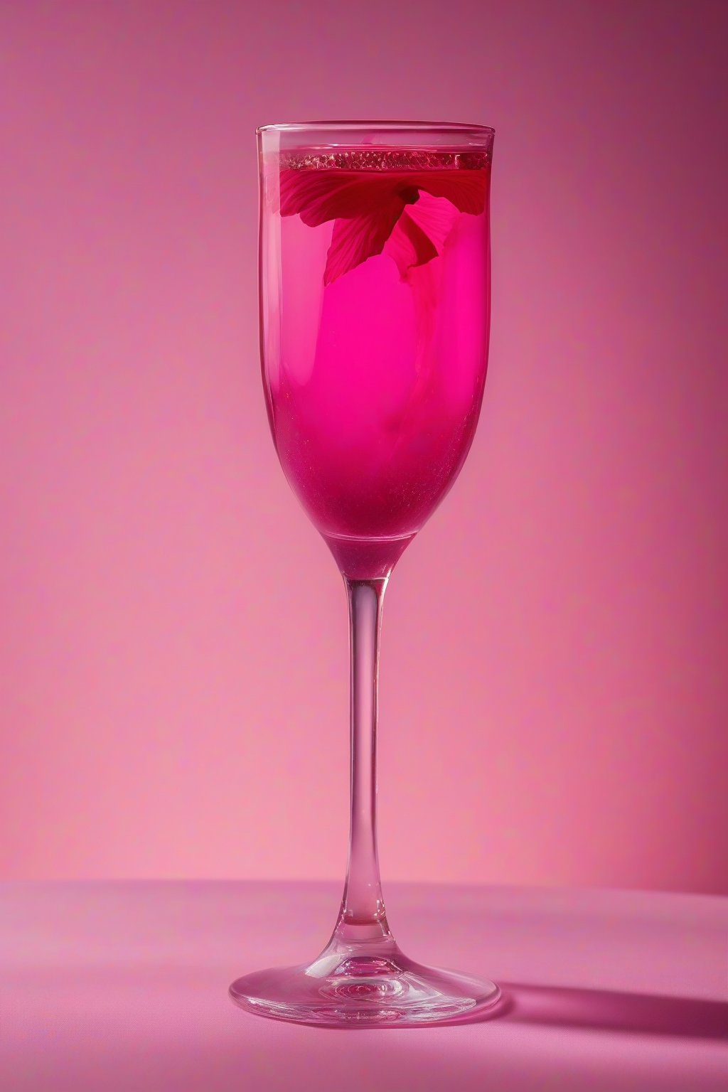A high-resolution photo of hibiscus berry pink radiance in a flute glass, under soft lighting.
