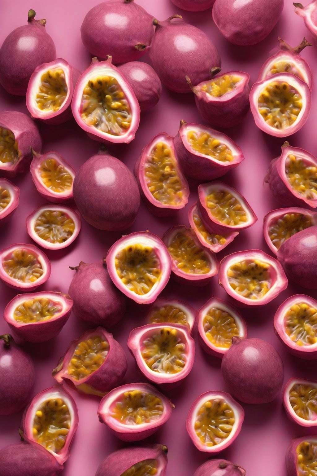 A high-resolution photo of passionfruit pink whisper with passionfruit halves, under soft lighting.