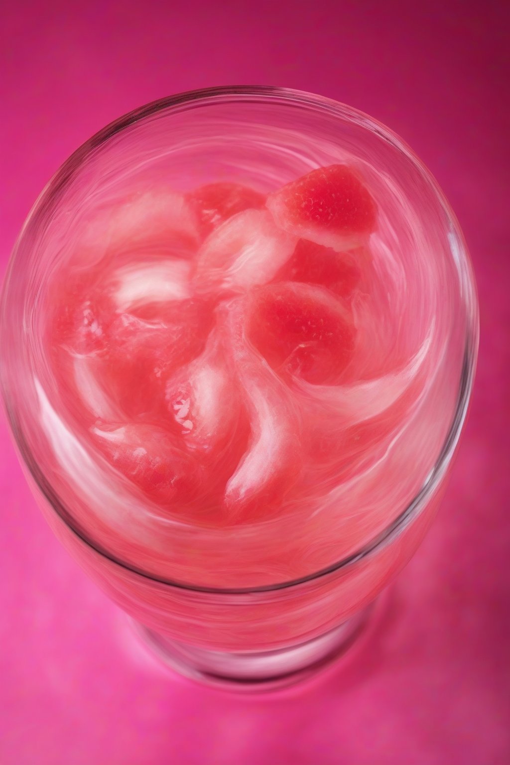 A high-resolution photo of guava strawberry pink breeze swirled in a bowl-glass, under soft lighting.